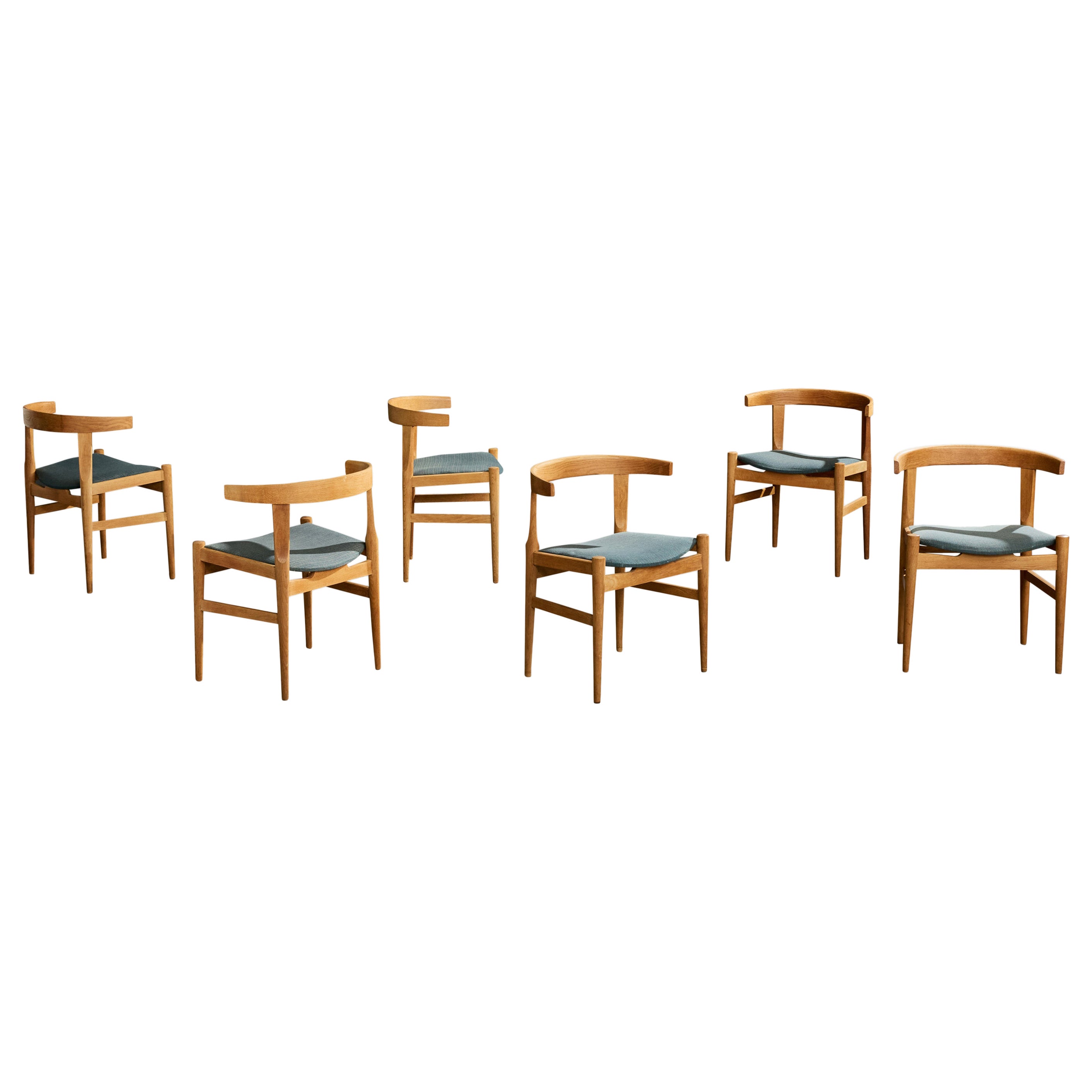 Hans Wegner, Dining Room Chairs, Oak, Fabric, Denmark, 1960s