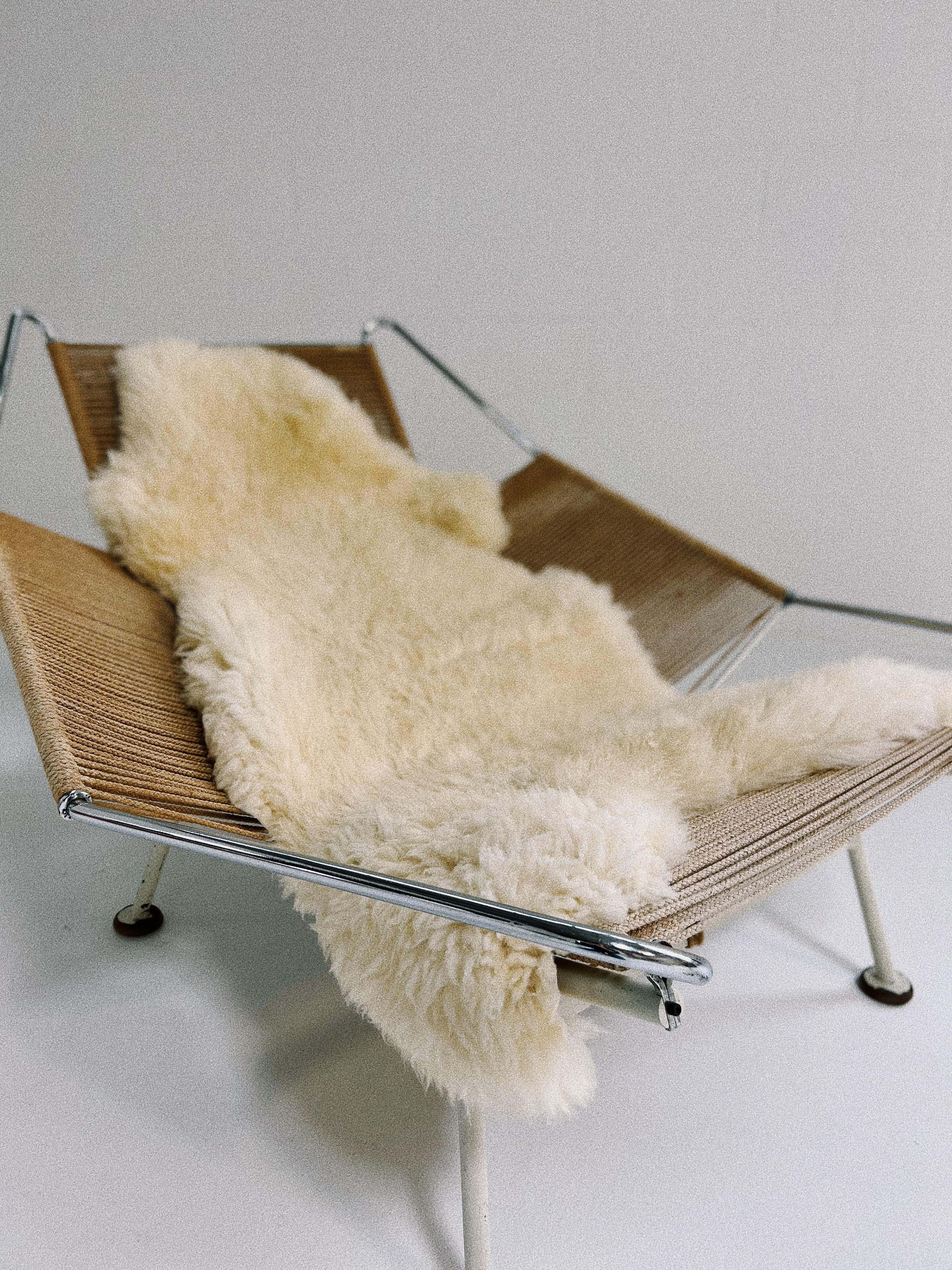 Steel Hans Wegner Early Flag Halyard Chair with Sheepskin For Sale