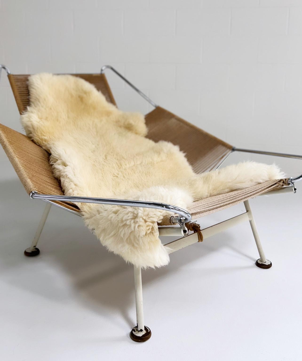 Scandinavian Modern Hans Wegner Early Flag Halyard Chair with Sheepskin For Sale