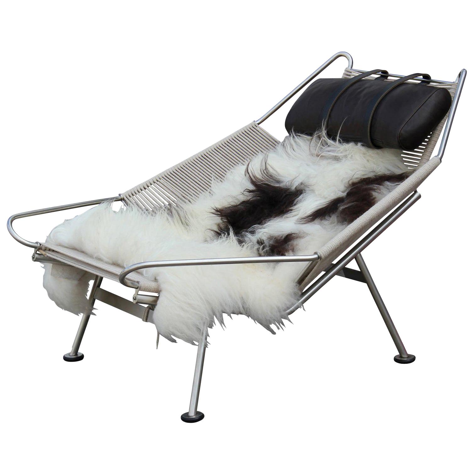 Hans Wegner Flag Halyard Chair PP225 with Leather Pillow and Sheepskin Throw
