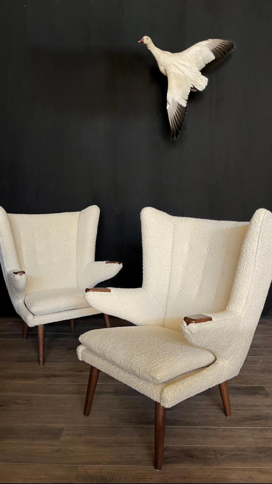 Hans Wegner for A P Stolen Papa Bear Style Pair of Chairs & Single Ottoman AP 19 In Good Condition For Sale In Mckinney, TX