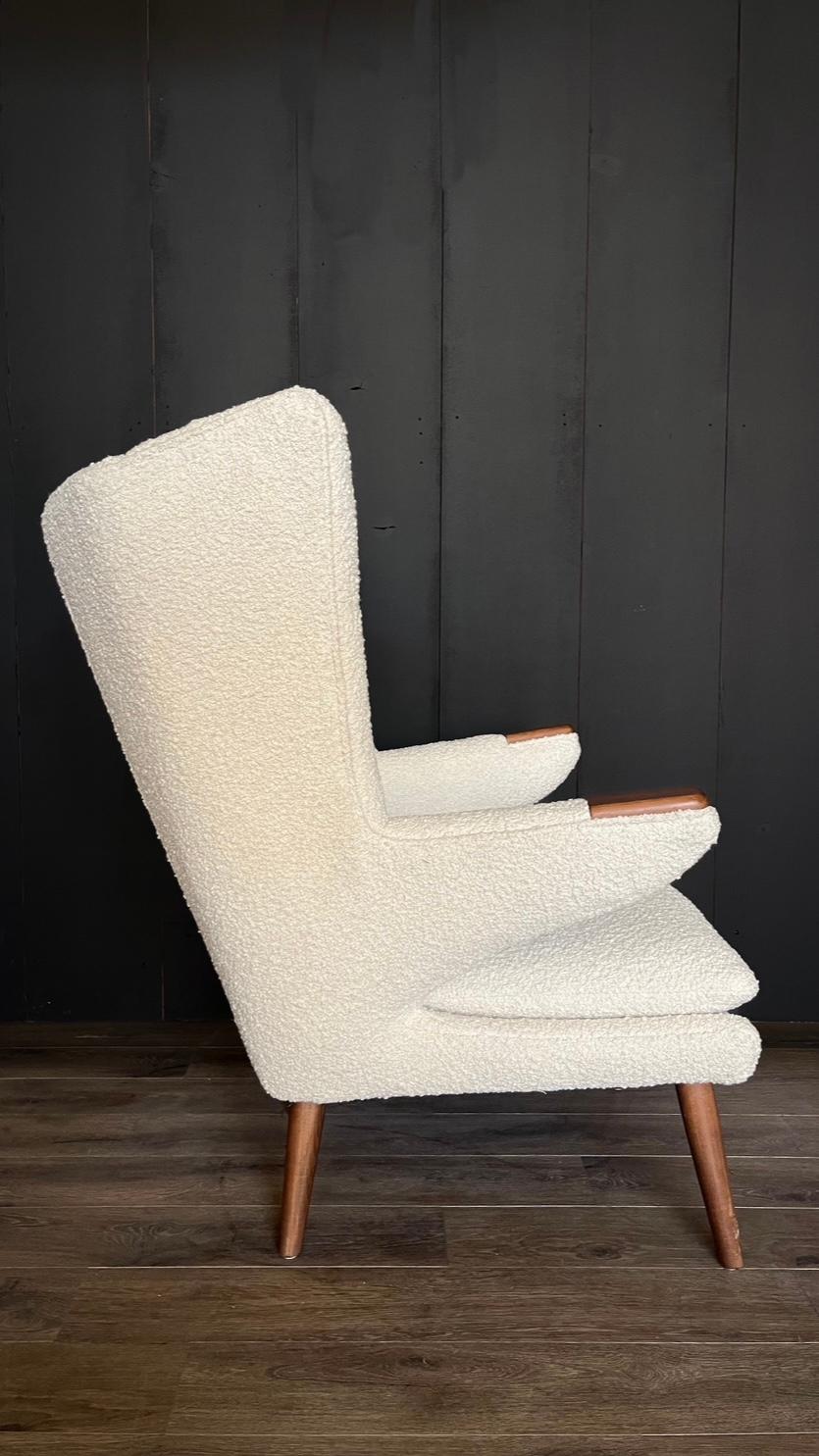 Bouclé Hans Wegner for A P Stolen Papa Bear Style Pair of Chairs & Single Ottoman AP 19 For Sale