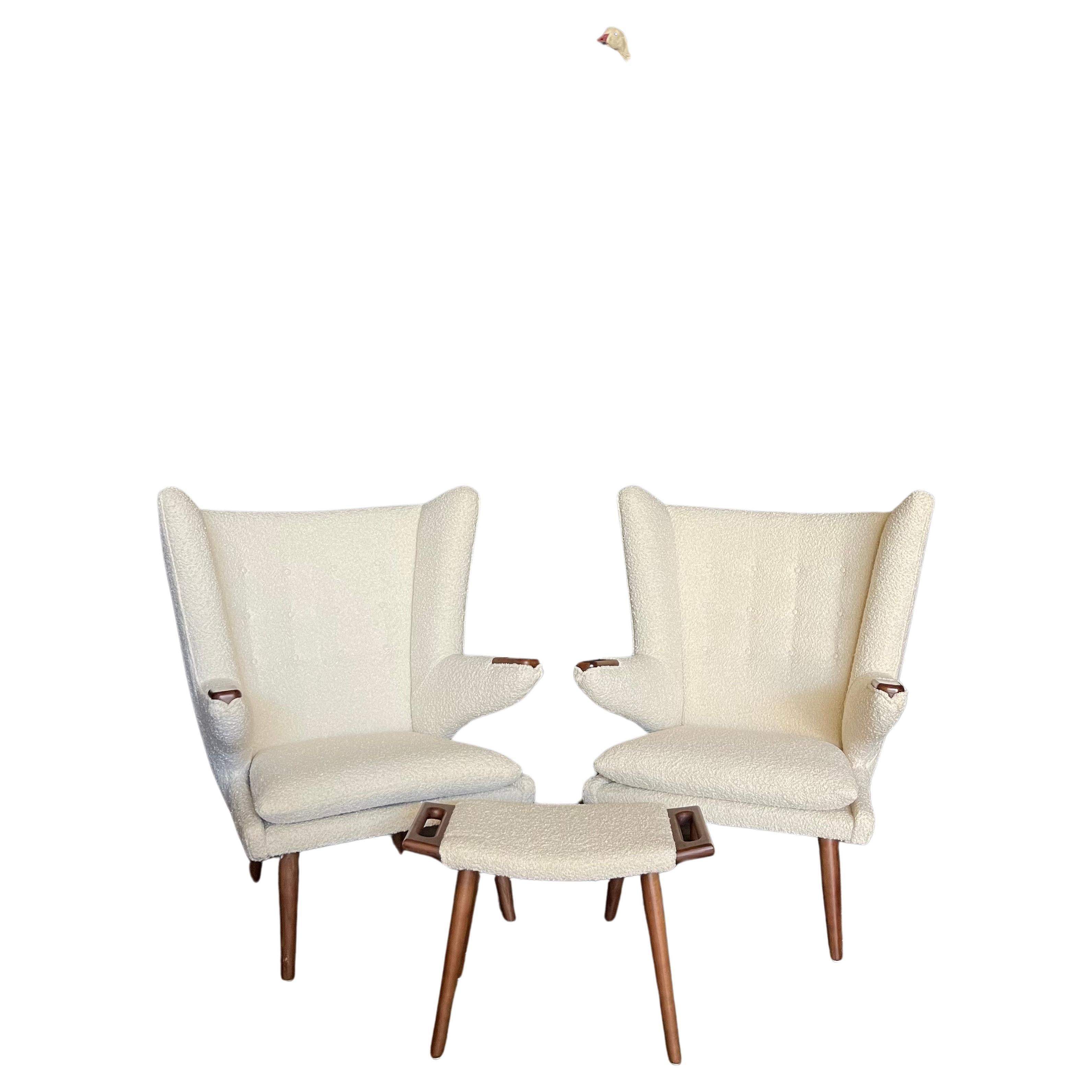 Hans Wegner for A P Stolen Papa Bear Style Pair of Chairs & Single Ottoman AP 19 For Sale
