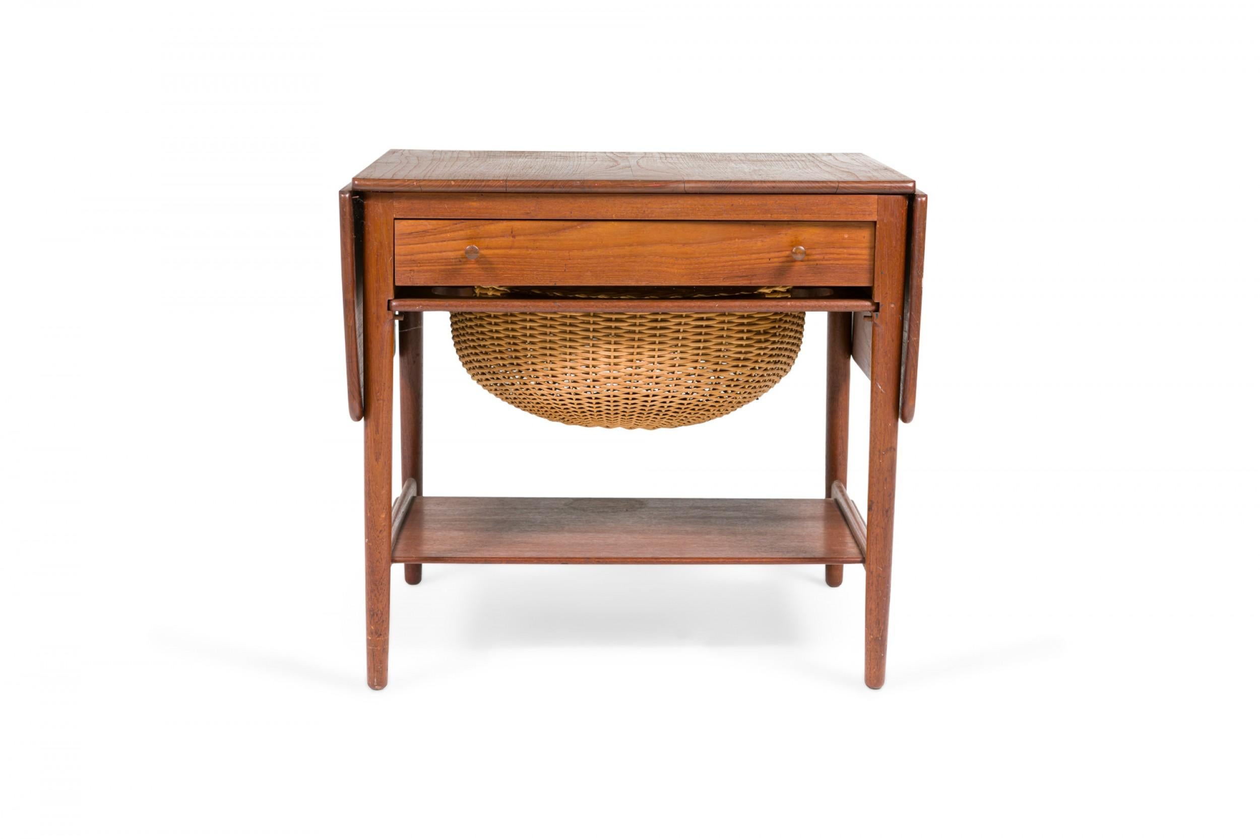 Mid-Century Modern Hans Wegner for Andreas Tuck Danish Teak and Wicker Drop Leaf Sewing Table For Sale