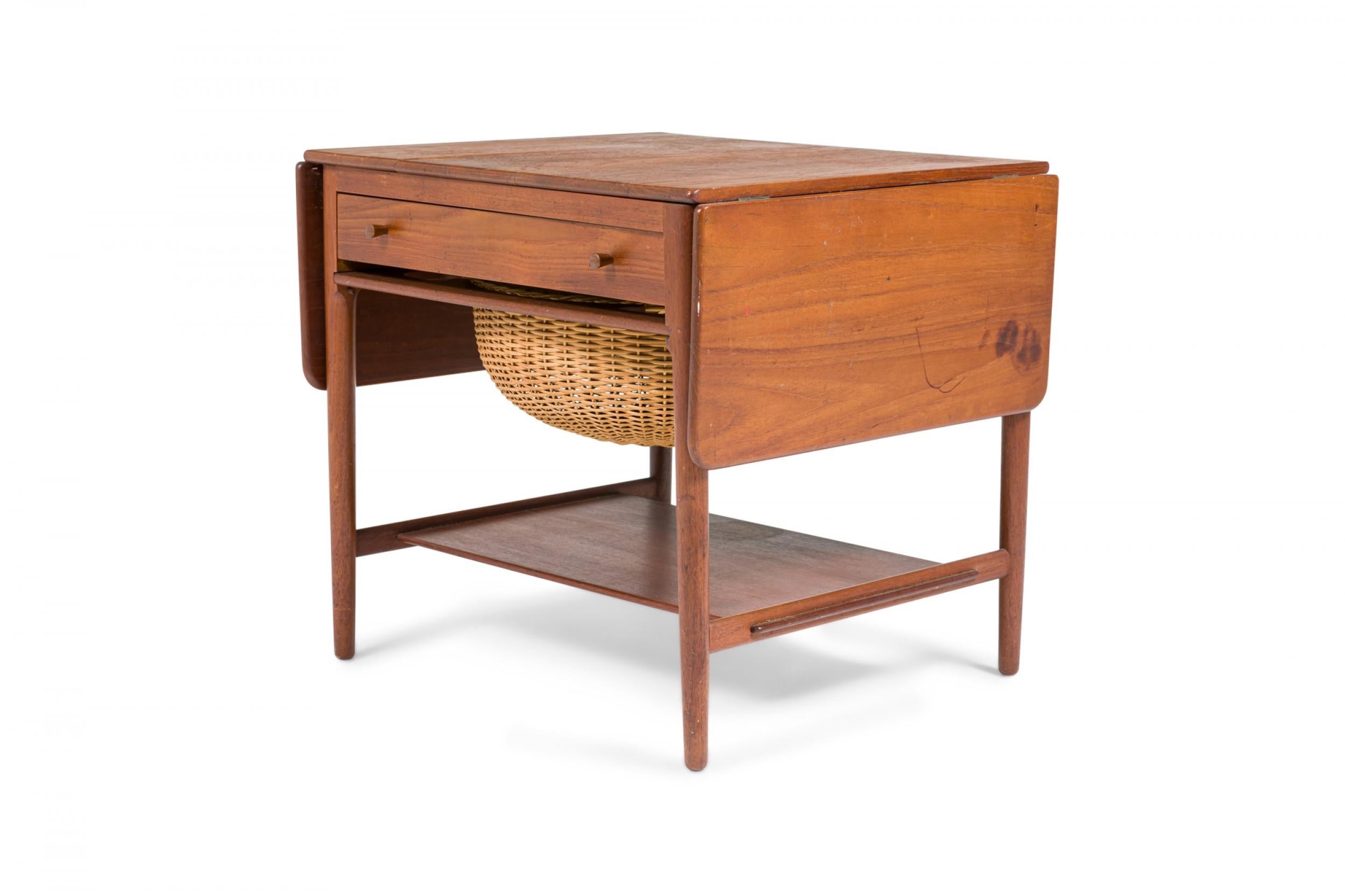 Hans Wegner for Andreas Tuck Danish Teak and Wicker Drop Leaf Sewing Table In Good Condition For Sale In New York, NY