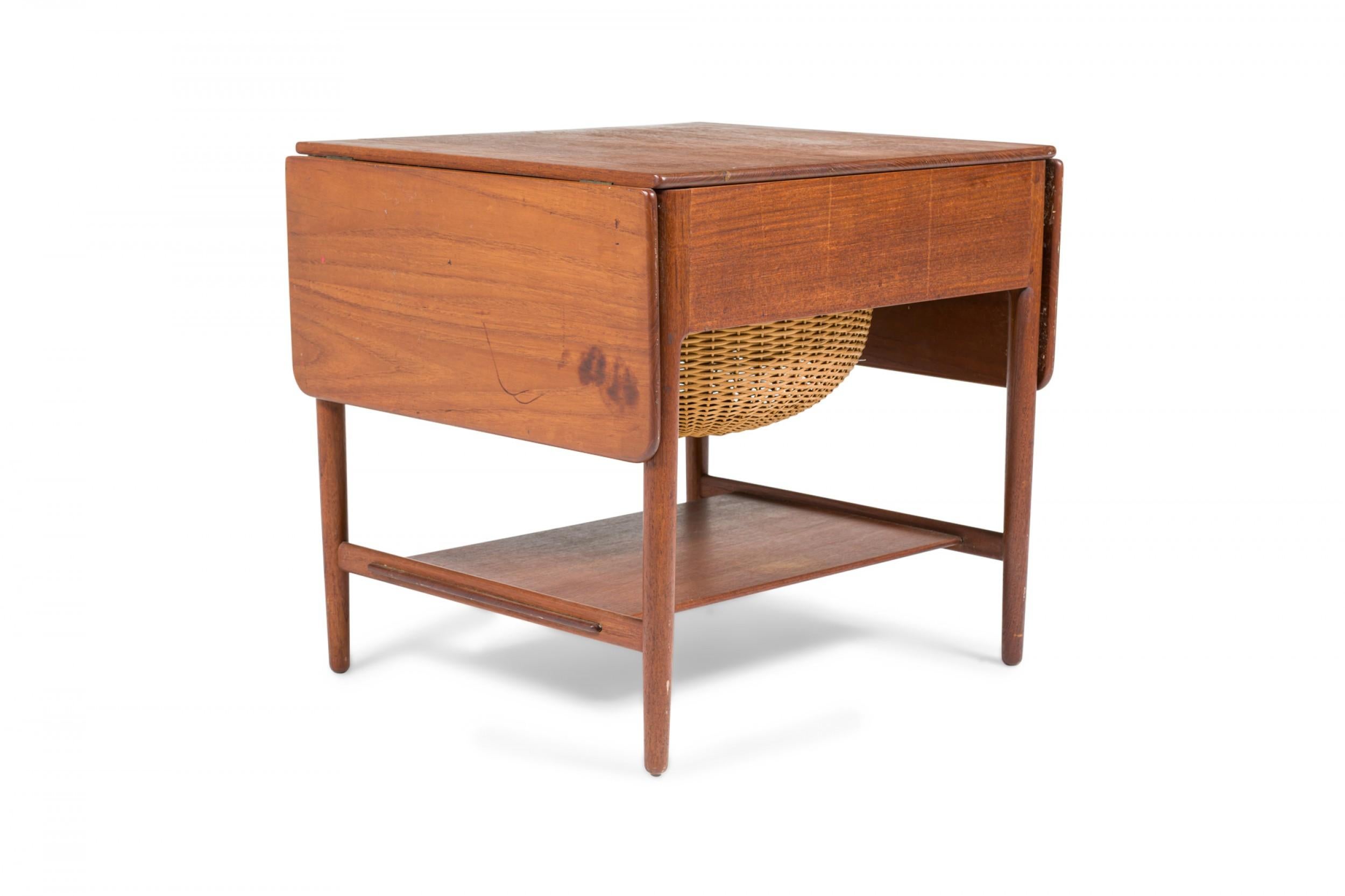 Wood Hans Wegner for Andreas Tuck Danish Teak and Wicker Drop Leaf Sewing Table For Sale