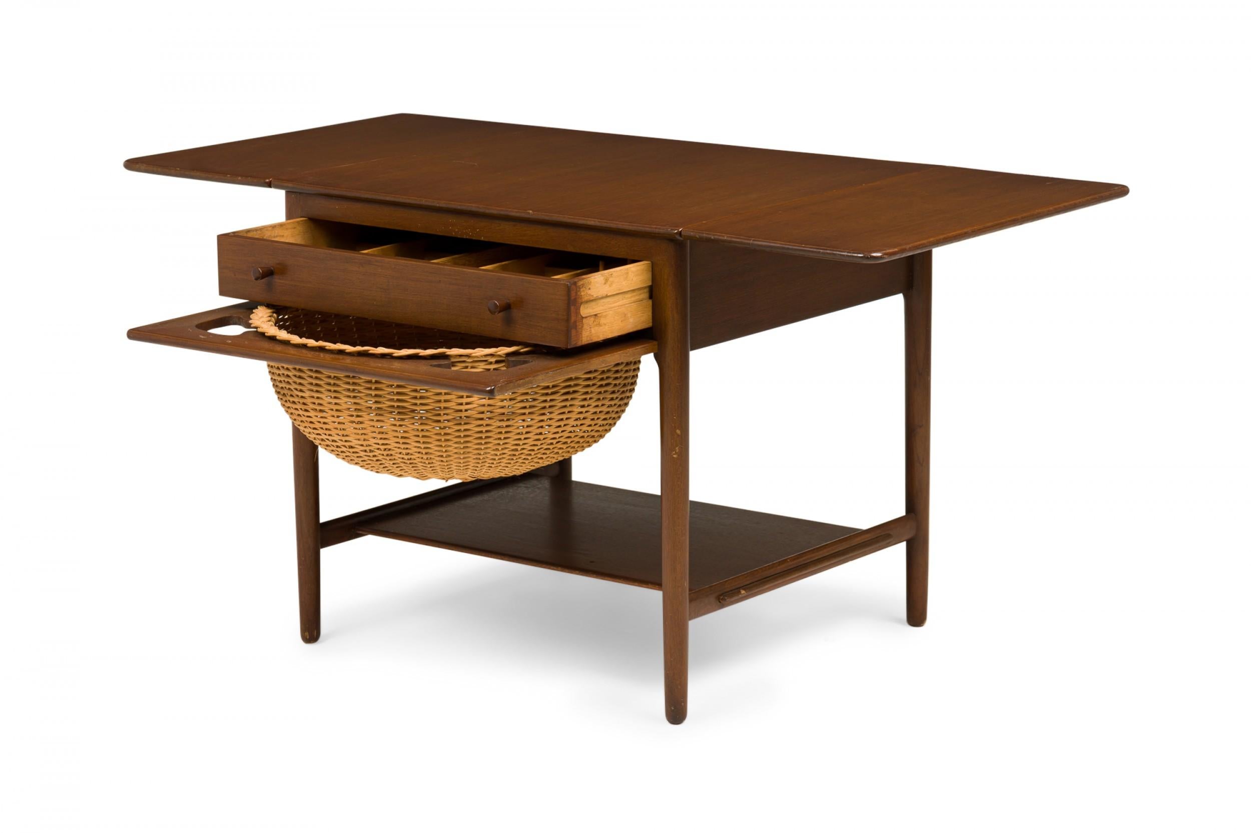 Hans Wegner for Andreas Tuck Teak Wood Drop Leaf Woven Basket Sewing Table In Good Condition For Sale In New York, NY