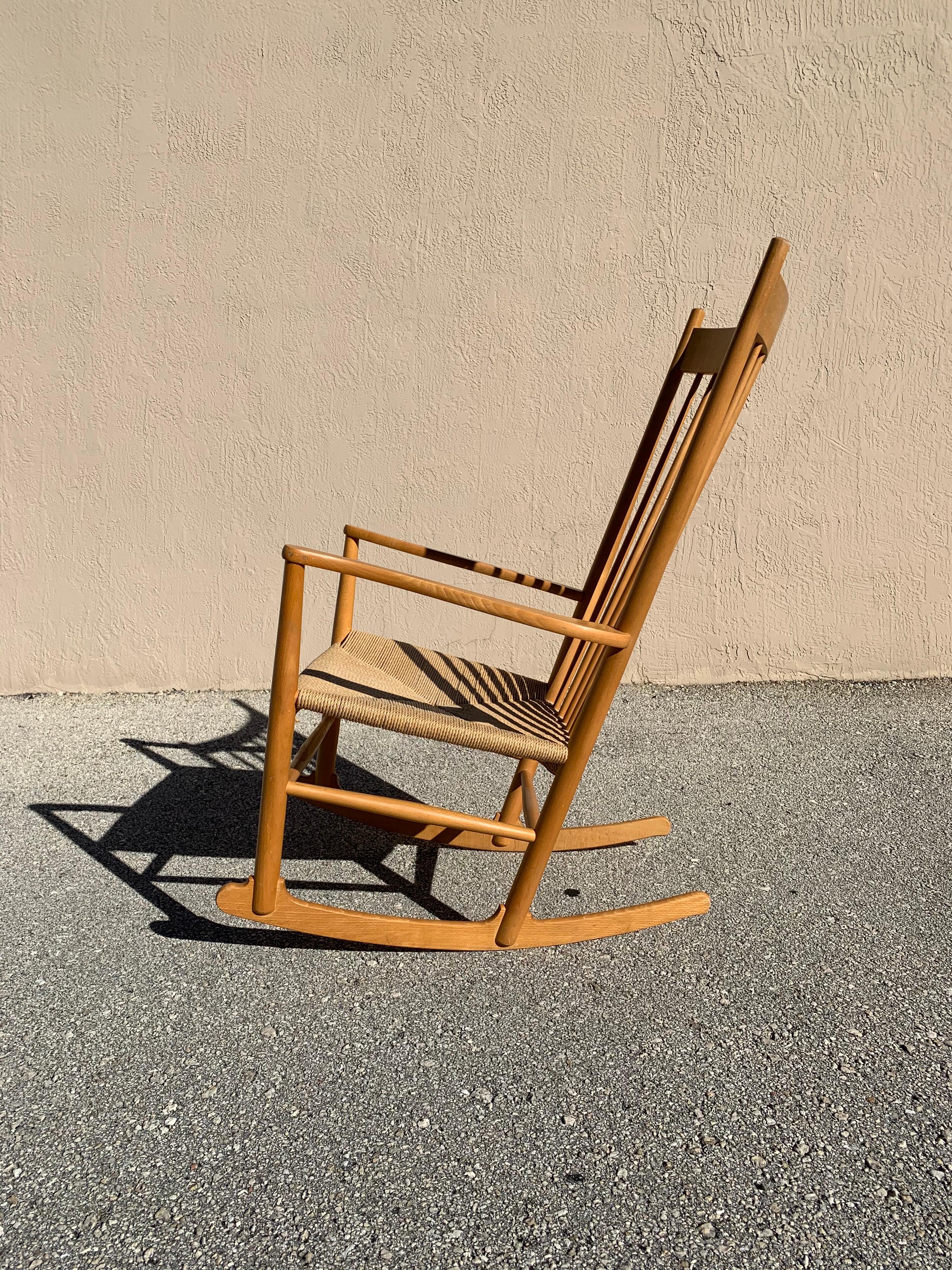 Mid-Century Modern Hans Wegner for FDB Mobler J16 Rocking Chair in Beech Wood and Danish Cord