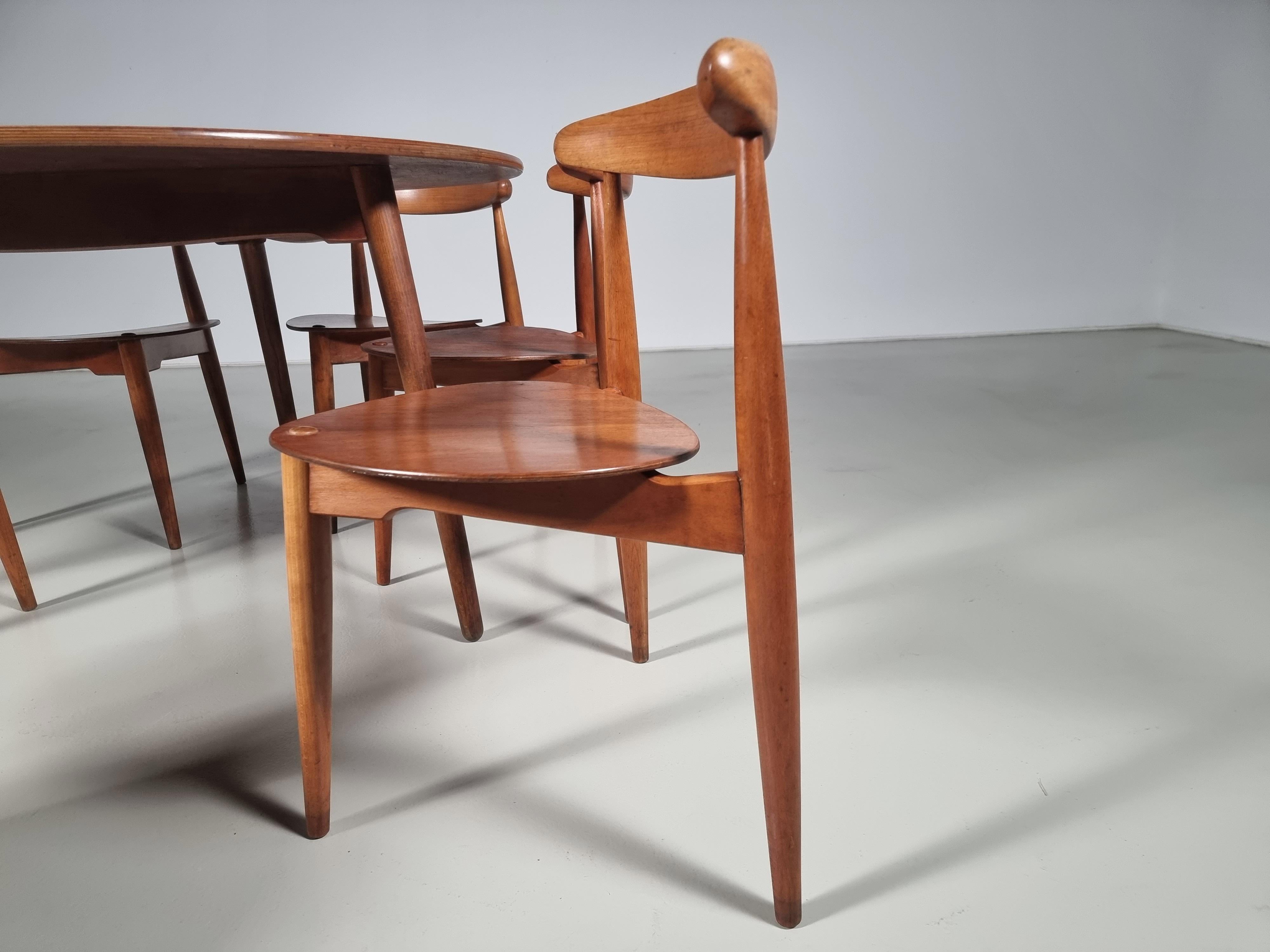 Teak Hans Wegner for Fritz Hansen, Dining Set with Heart Chairs, 1950s