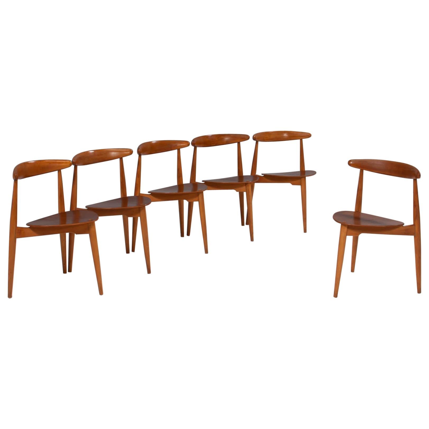 Hans Wegner for Fritz Hansen FH4103 Beech & Teak Heart Chairs, Set of 6 For Sale