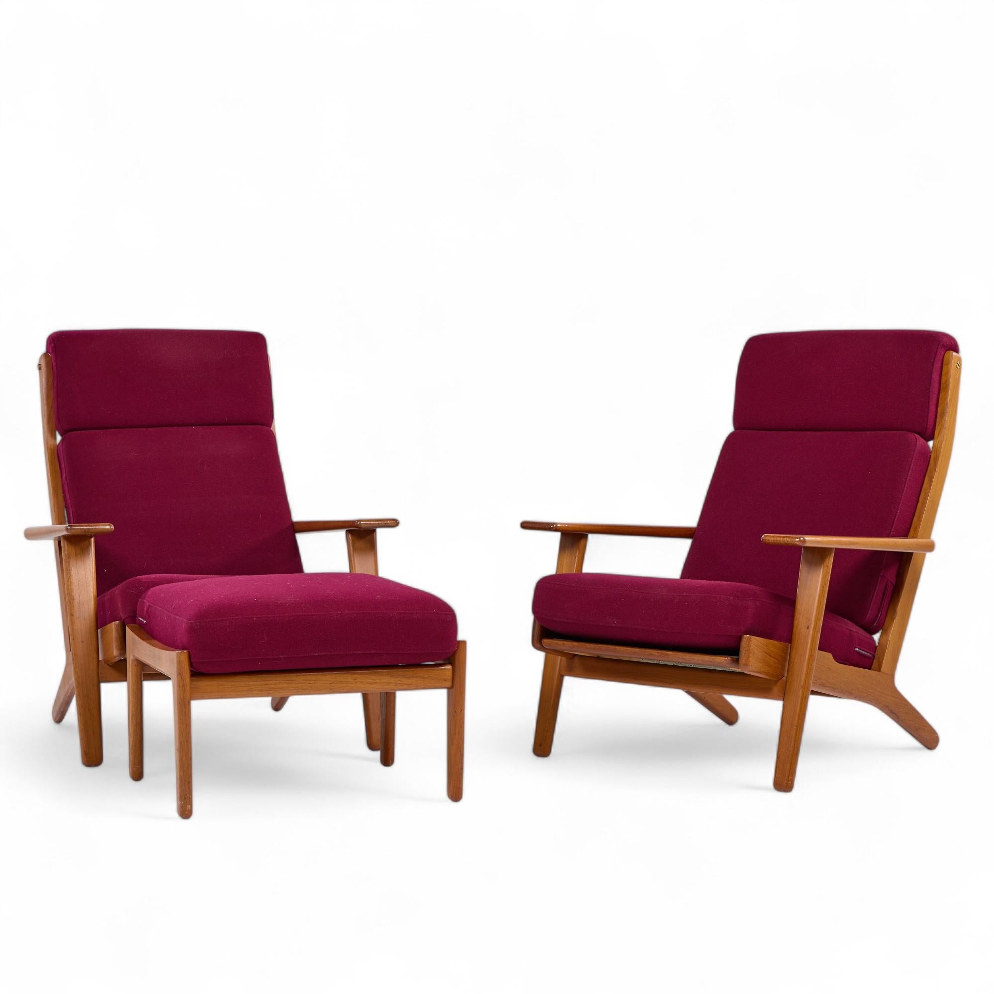 Mid-Century Modern Hans Wegner for Getama GE-290 Danish High Back Lounge Chairs Pair with Ottoman For Sale