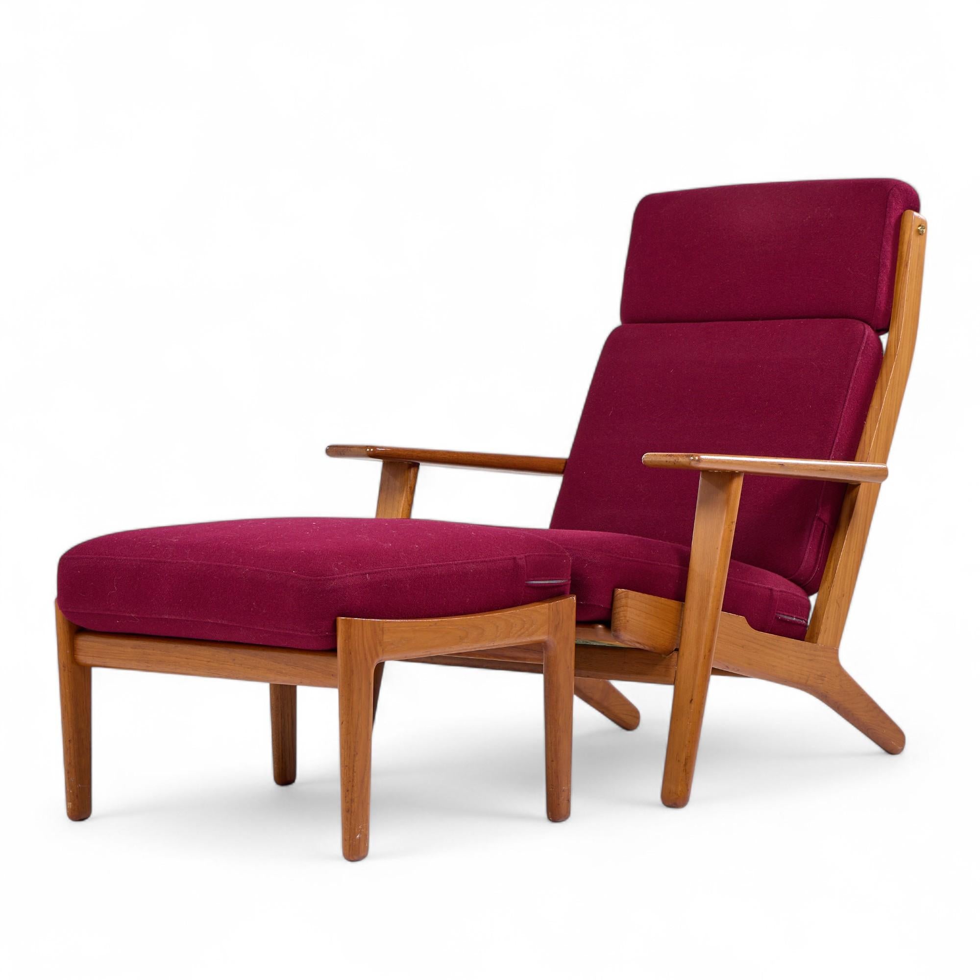 Upholstery Hans Wegner for Getama GE-290 Danish High Back Lounge Chairs Pair with Ottoman For Sale