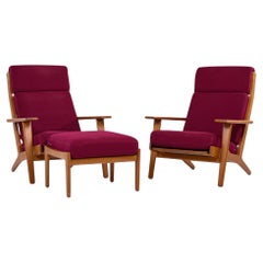 Hans Wegner for Getama GE-290 Danish High Back Lounge Chairs Pair with Ottoman