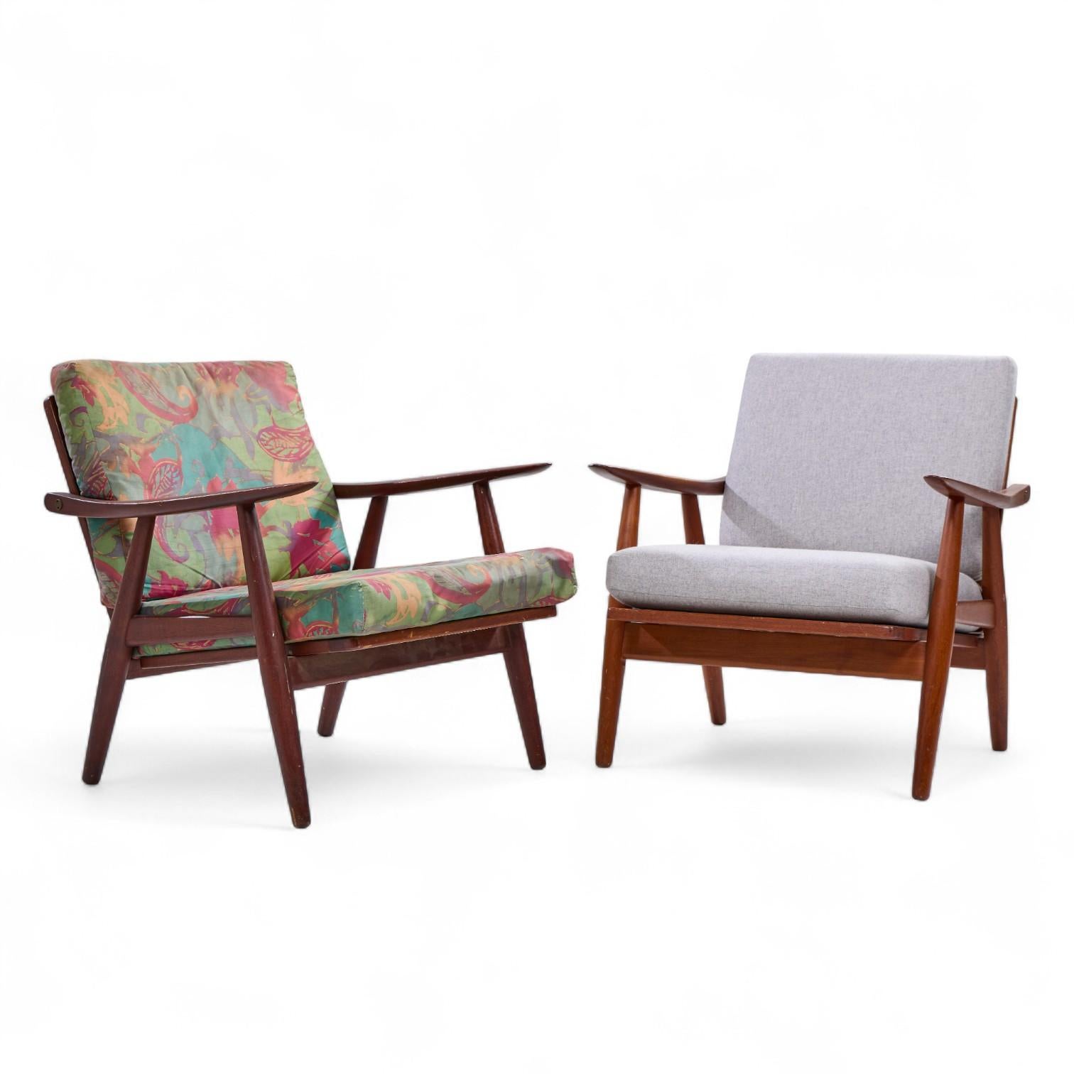 Hans Wegner for Getama GE270 Mid Century Teak Lounge Chairs - Pair

Each chair measures: 27 wide x 29 deep x 29.5 high, with a seat height of 16 and arm height/chair clearance of 22 inches

Good Vintage Condition - Chairs have Different Levels of