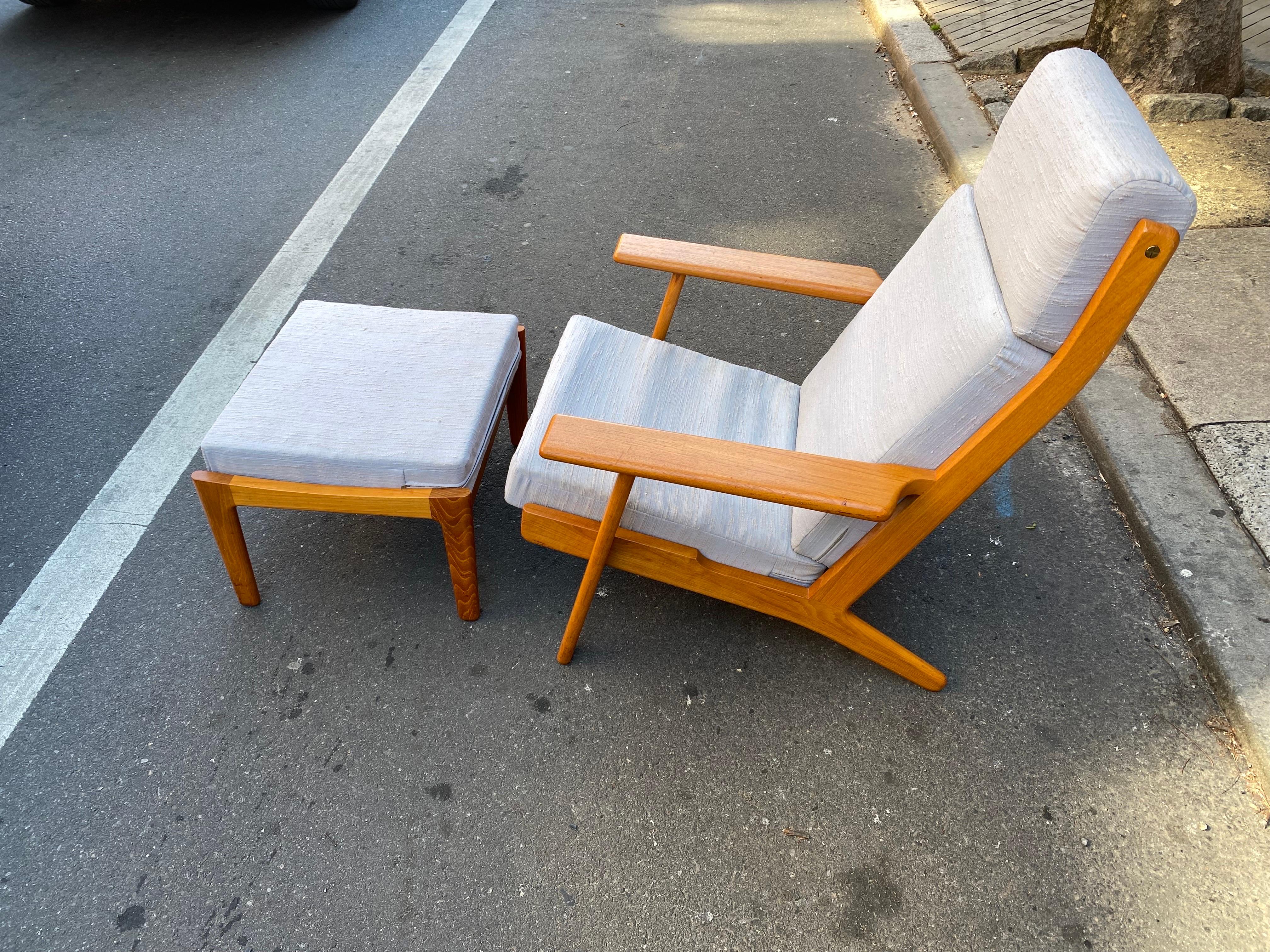 Brass Hans Wegner for GETAMA High Back Oak Lounge Chair and Ottoman Model GE290