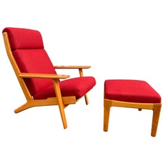 Hans Wegner for GETAMA High Back Oak Lounge Chair and Ottoman Model GE290