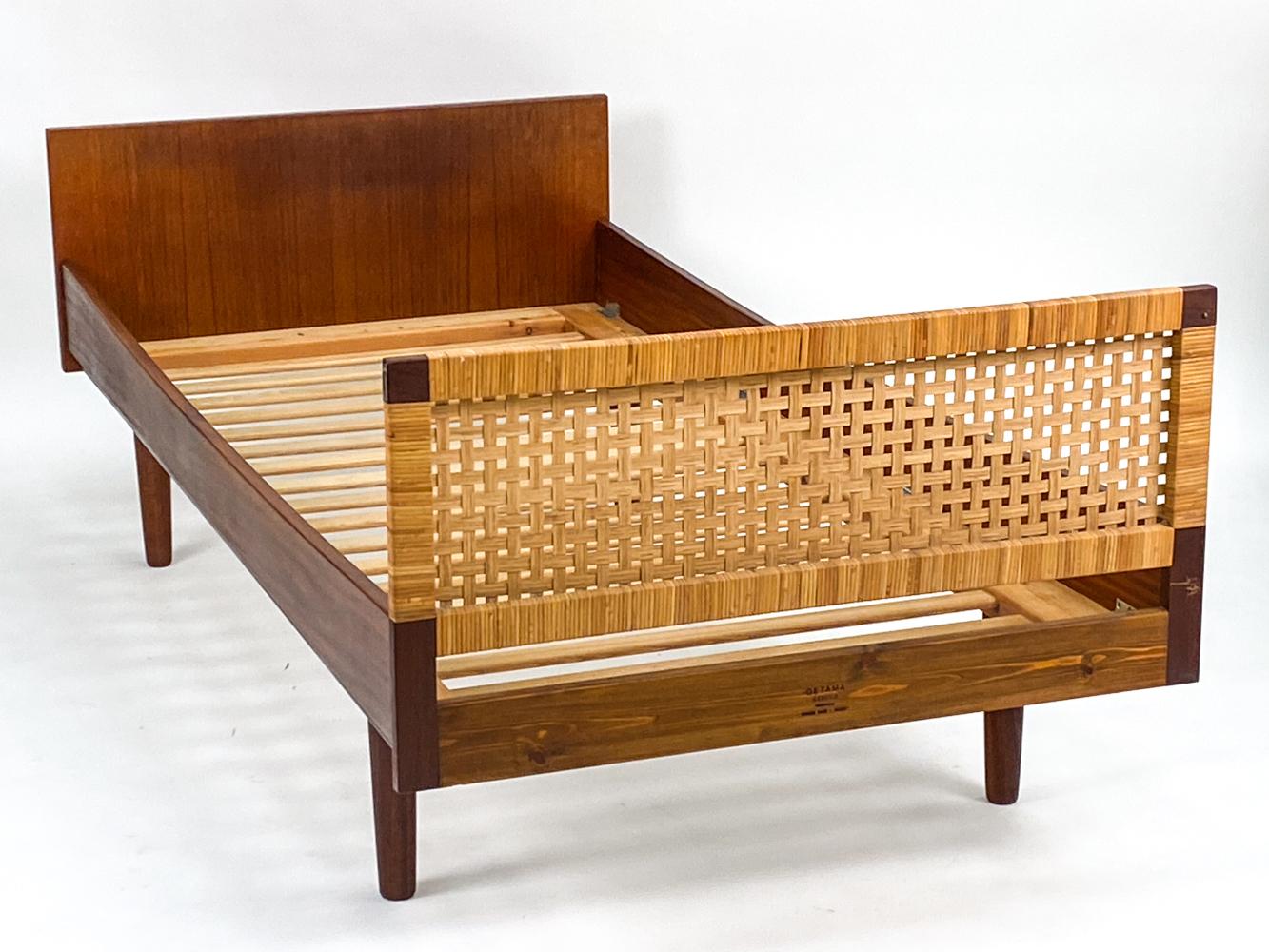 A fabulous Danish mid-century daybed in teak with a caned headboard or footboard, designed by Hans Wegner for GETAMA. With GETAMA stamp to one rail. This fun piece features slat supports for a custom cushion to be used as a daybed or for a custom