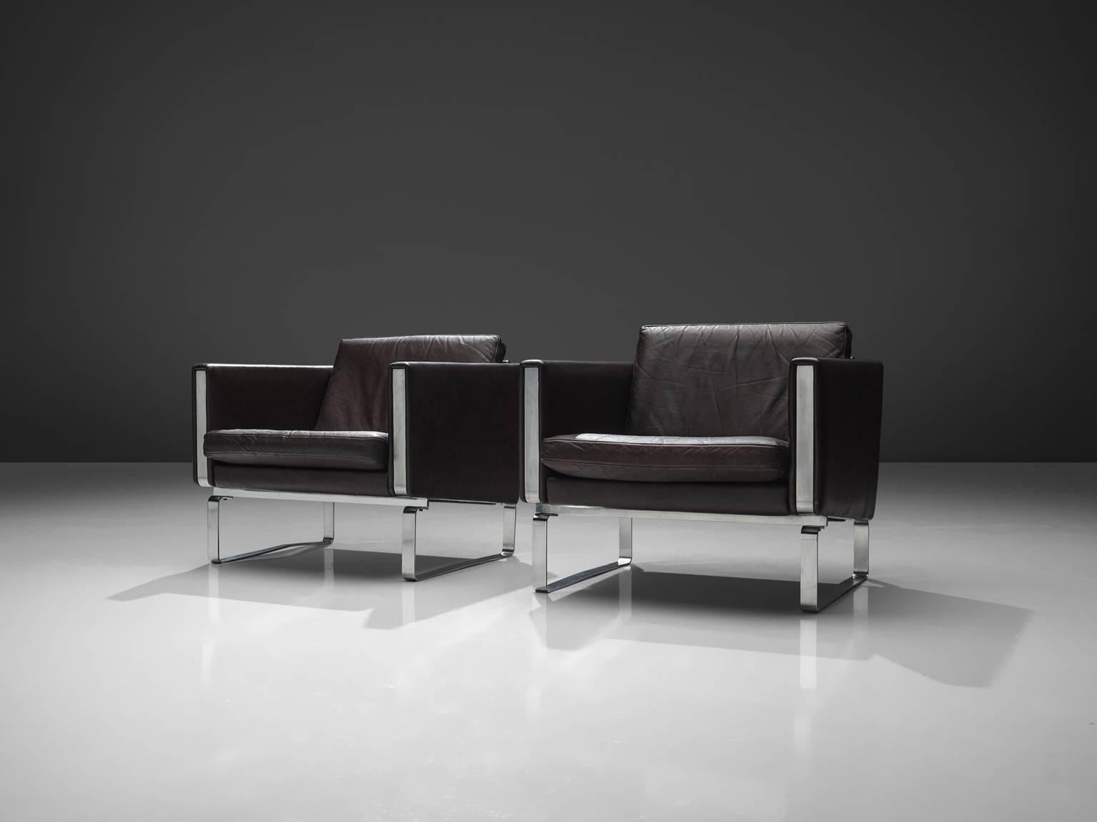Scandinavian Modern Hans Wegner for Johannes Hansen Set of Leather Lounge Chairs