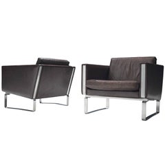 Hans Wegner for Johannes Hansen Set of Leather Lounge Chairs