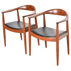 Hans Wegner for Johannes Hansen "The Chair" Teak and Leather Round Chairs, Pair