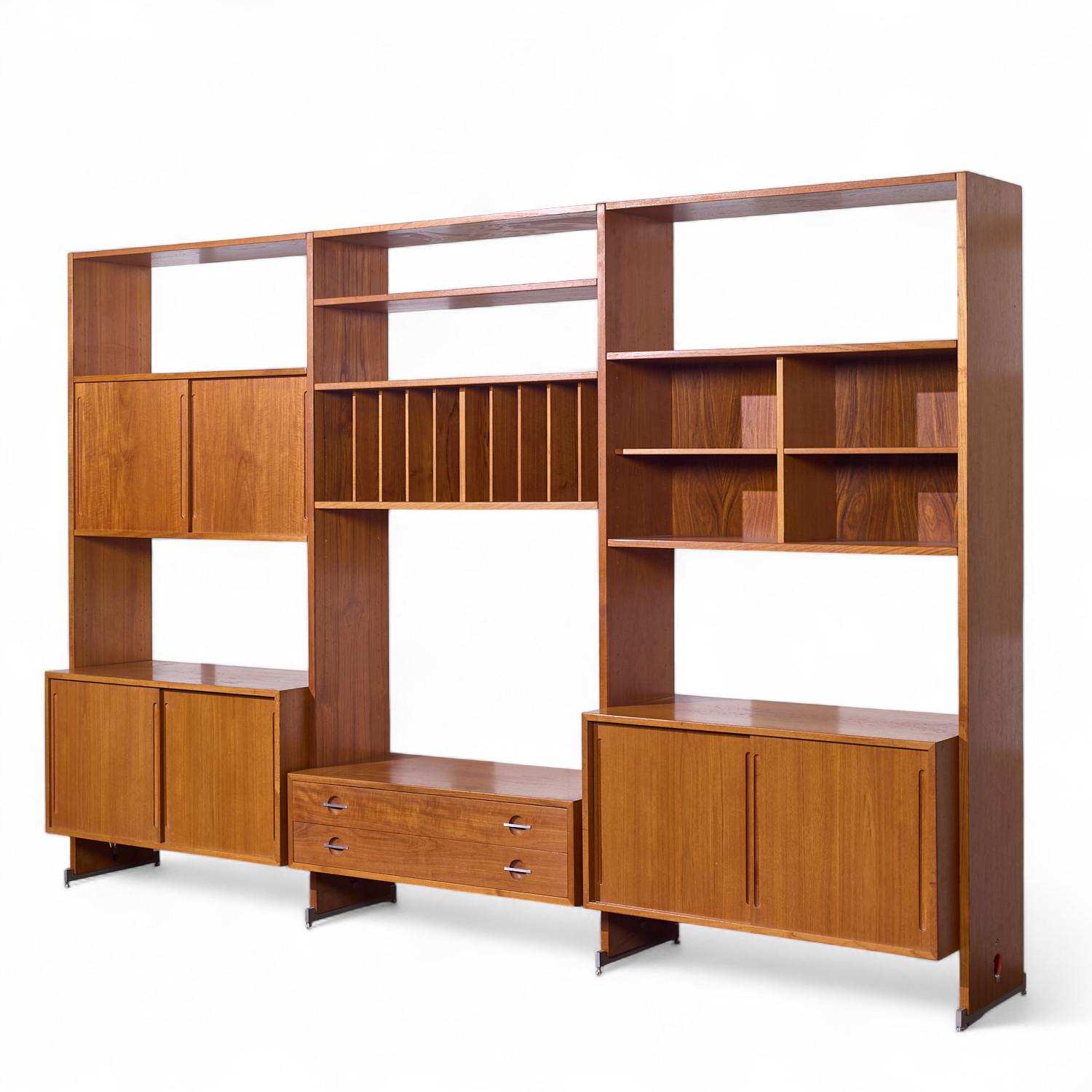 Mid-Century Modern Hans Wegner for Ry Mobler RY-100 Mid Century Danish Teak 3 Bay Modular Wall Unit For Sale