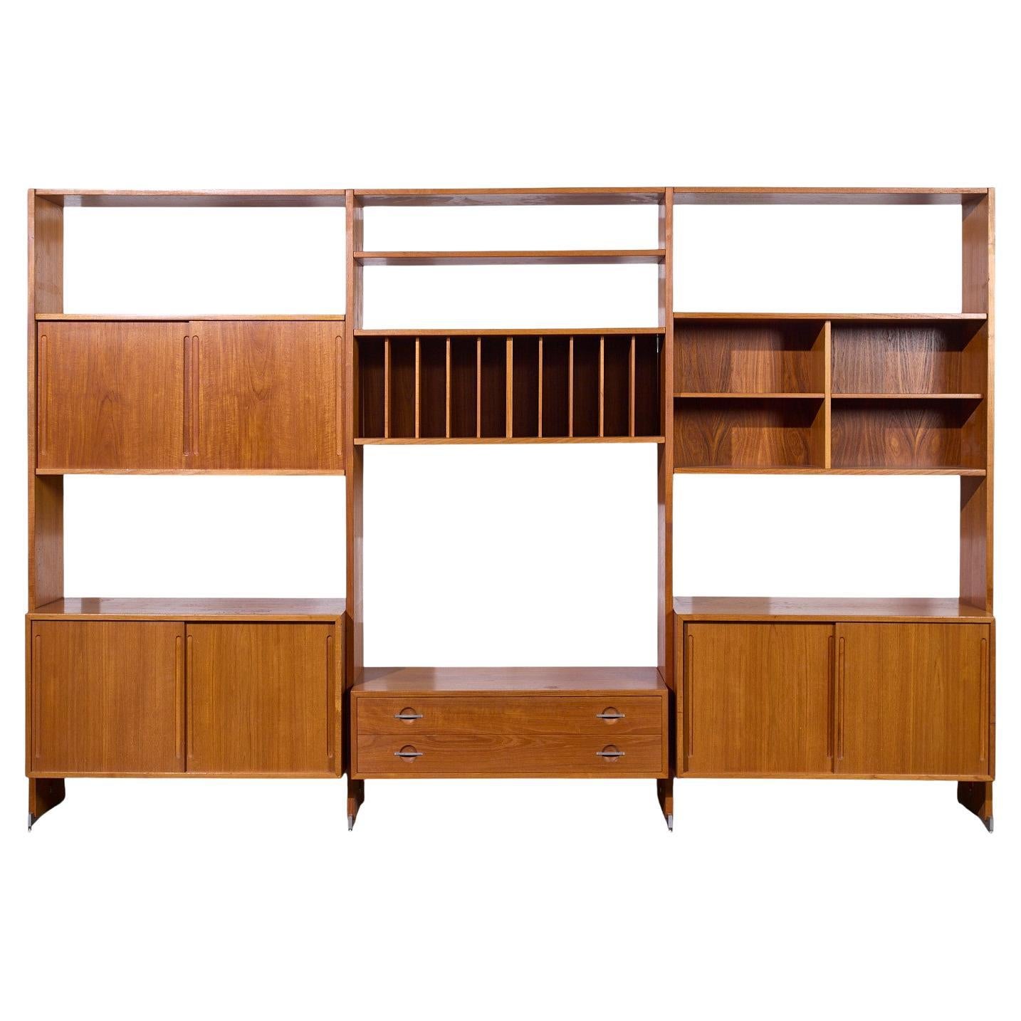Hans Wegner for Ry Mobler RY-100 Mid Century Danish Teak 3 Bay Modular Wall Unit For Sale