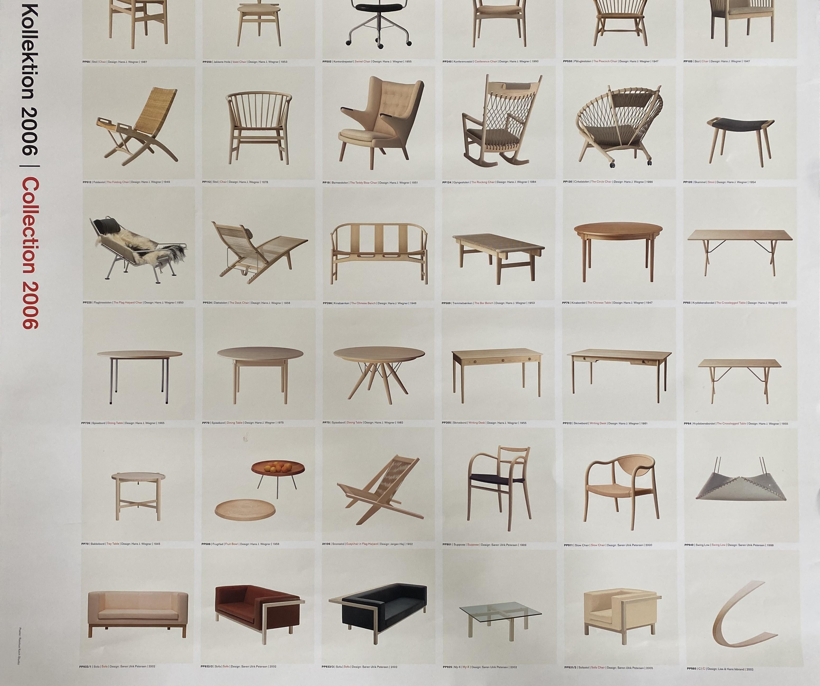 Voici une affiche d'exposition vintage très rare et désirable présentant une représentation très élégante du meubleur du designer danois Hans J. Wegner.

Quelques modèles présentés :
Chaise chinoise, PP66, 1945
La chaise, PP56, 1950
La chaise en