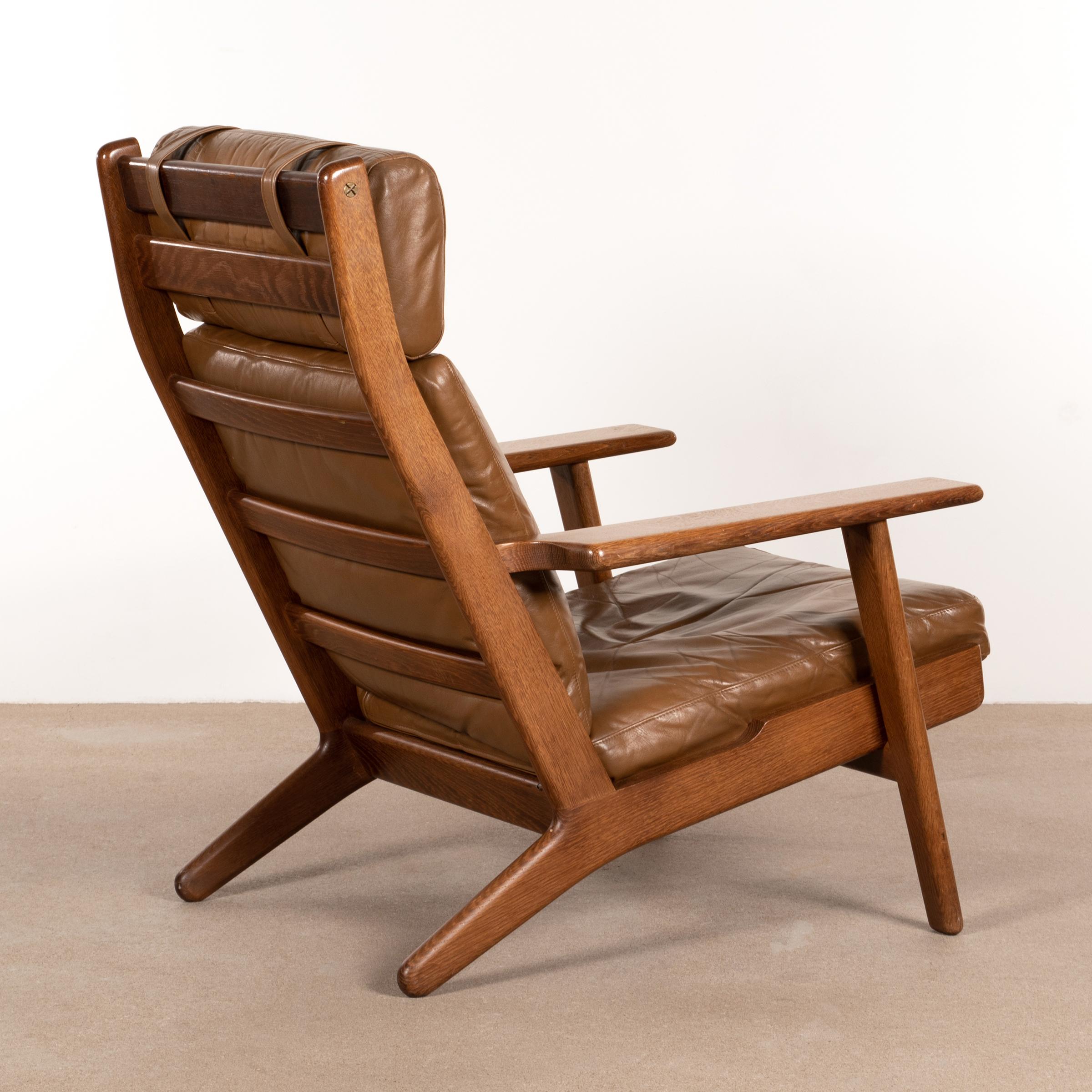 Scandinavian Modern Hans Wegner GE290 High Back Lounge Chair in Brown Leather for GETAMA, Denmark