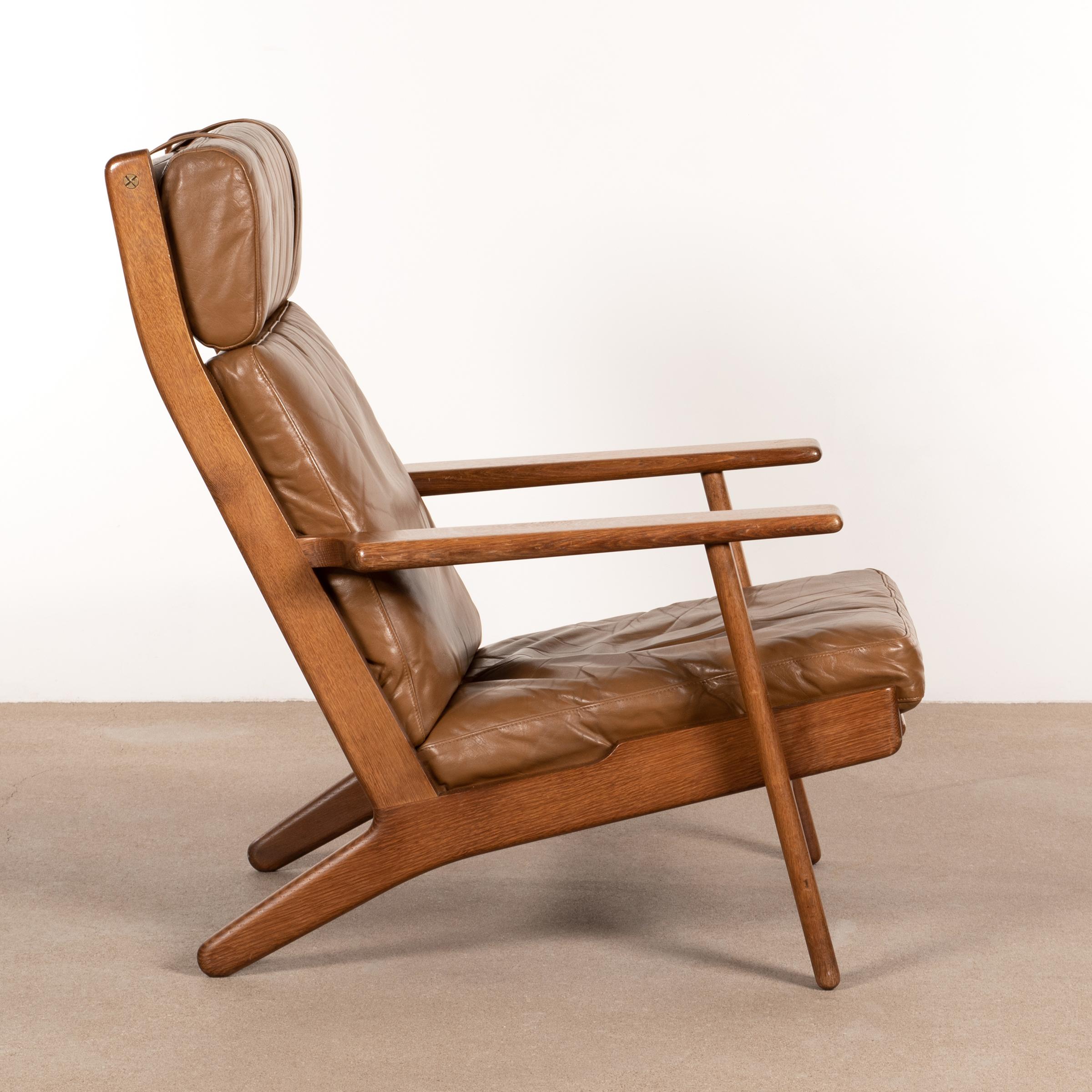 Danish Hans Wegner GE290 High Back Lounge Chair in Brown Leather for GETAMA, Denmark