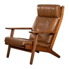 Hans Wegner GE290 High Back Lounge Chair in Brown Leather for GETAMA, Denmark