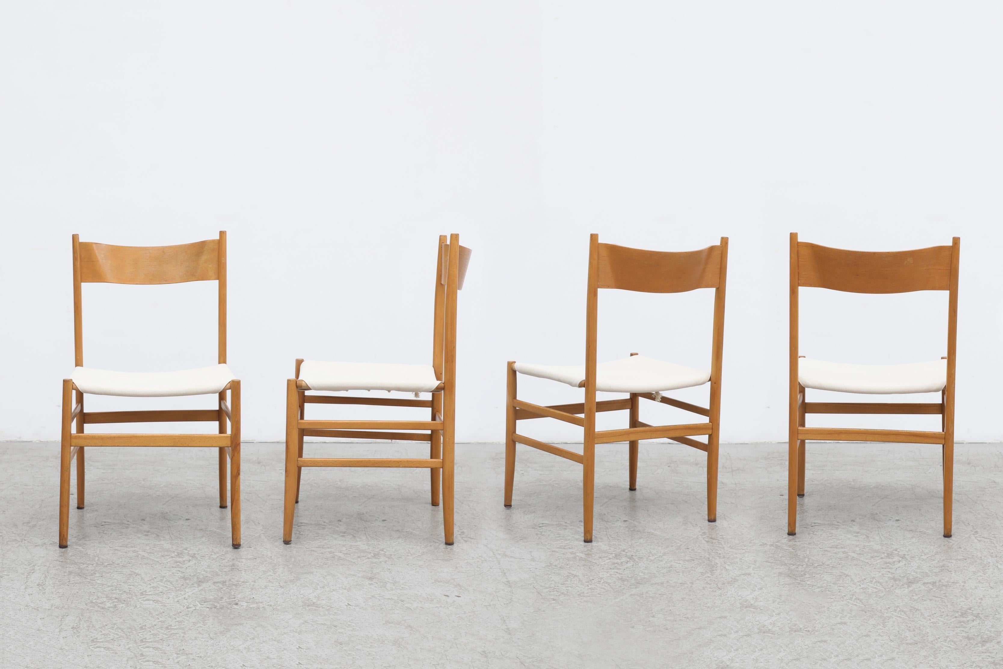 Hans Wegner Inspired Danish Blonde Dining Chairs with New White Canvas Seats In Good Condition For Sale In Los Angeles, CA