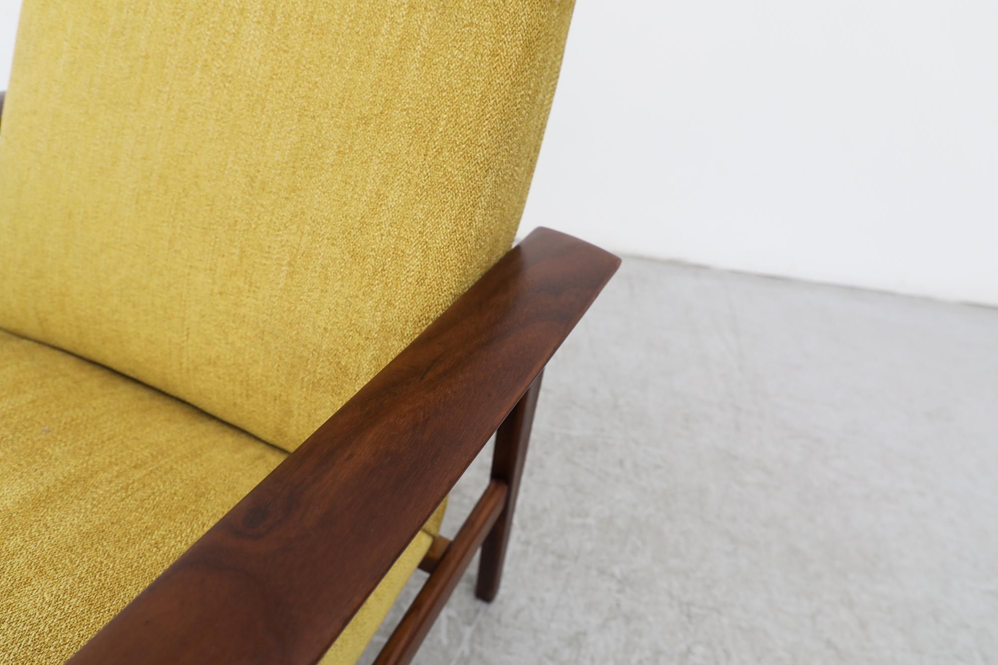 Handsome Hans Wegner Inspired Mid-Century Teak Lounge Chair in Saffron Fabric For Sale 5