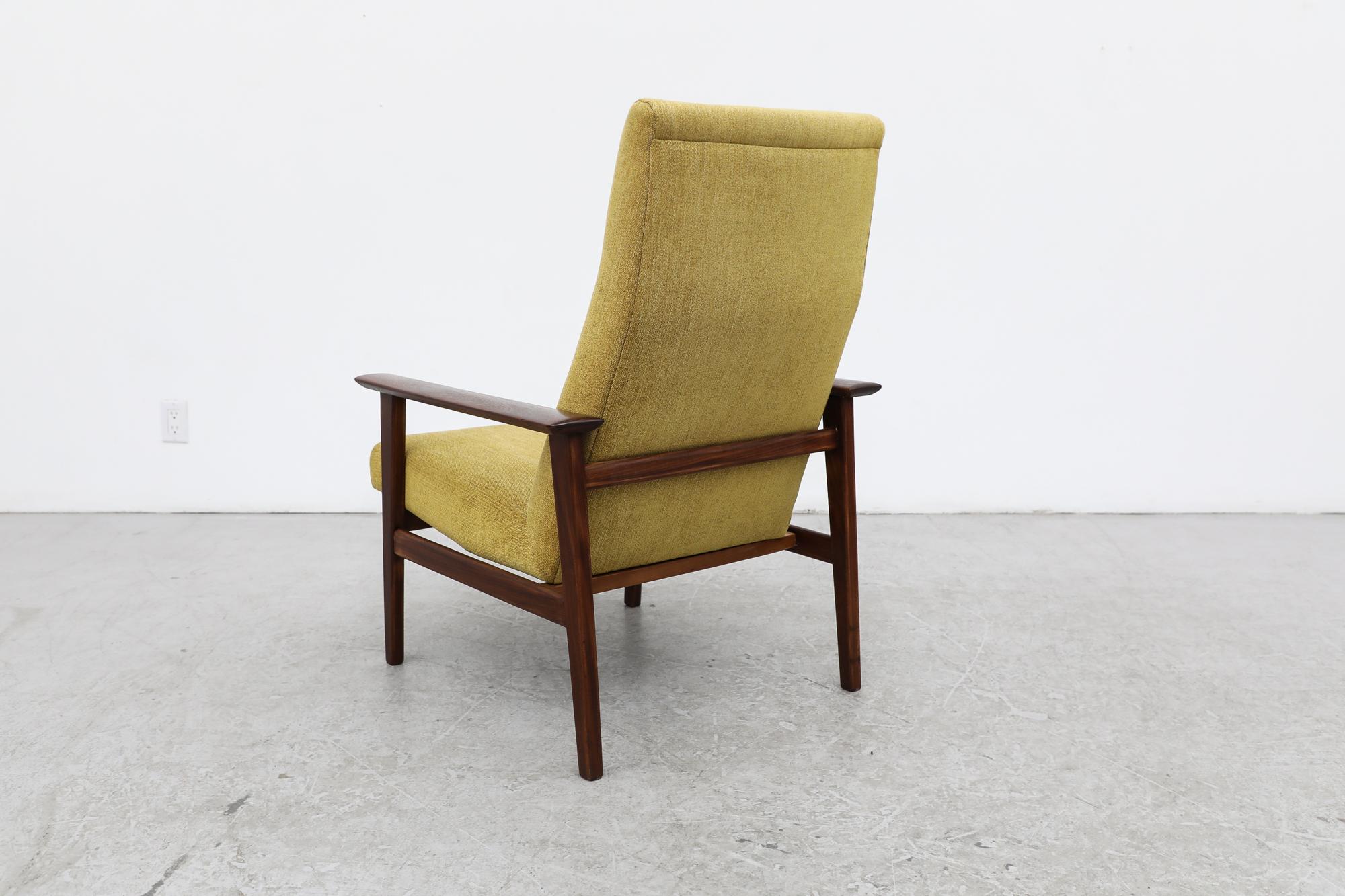 Handsome Hans Wegner Inspired Mid-Century Teak Lounge Chair in Saffron Fabric In Good Condition For Sale In Los Angeles, CA