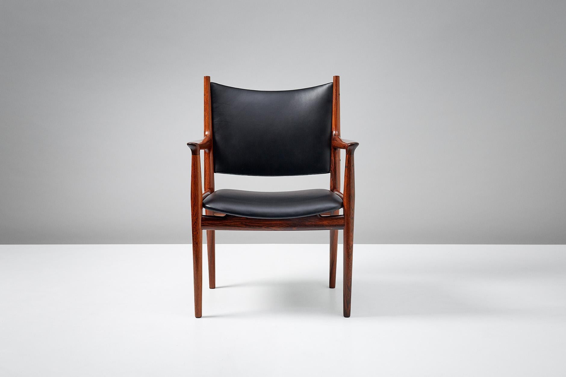 Hans J. Wegner
JH-713 conference chair, 1957

Wegner’s iconic armchair. This early example with patinated oak frame and cognac brown leather seat. Produced by Johannes Hansen, Denmark.
