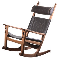 Retro Hans Wegner Keyhole Rocking Chair with Original Brown Leather