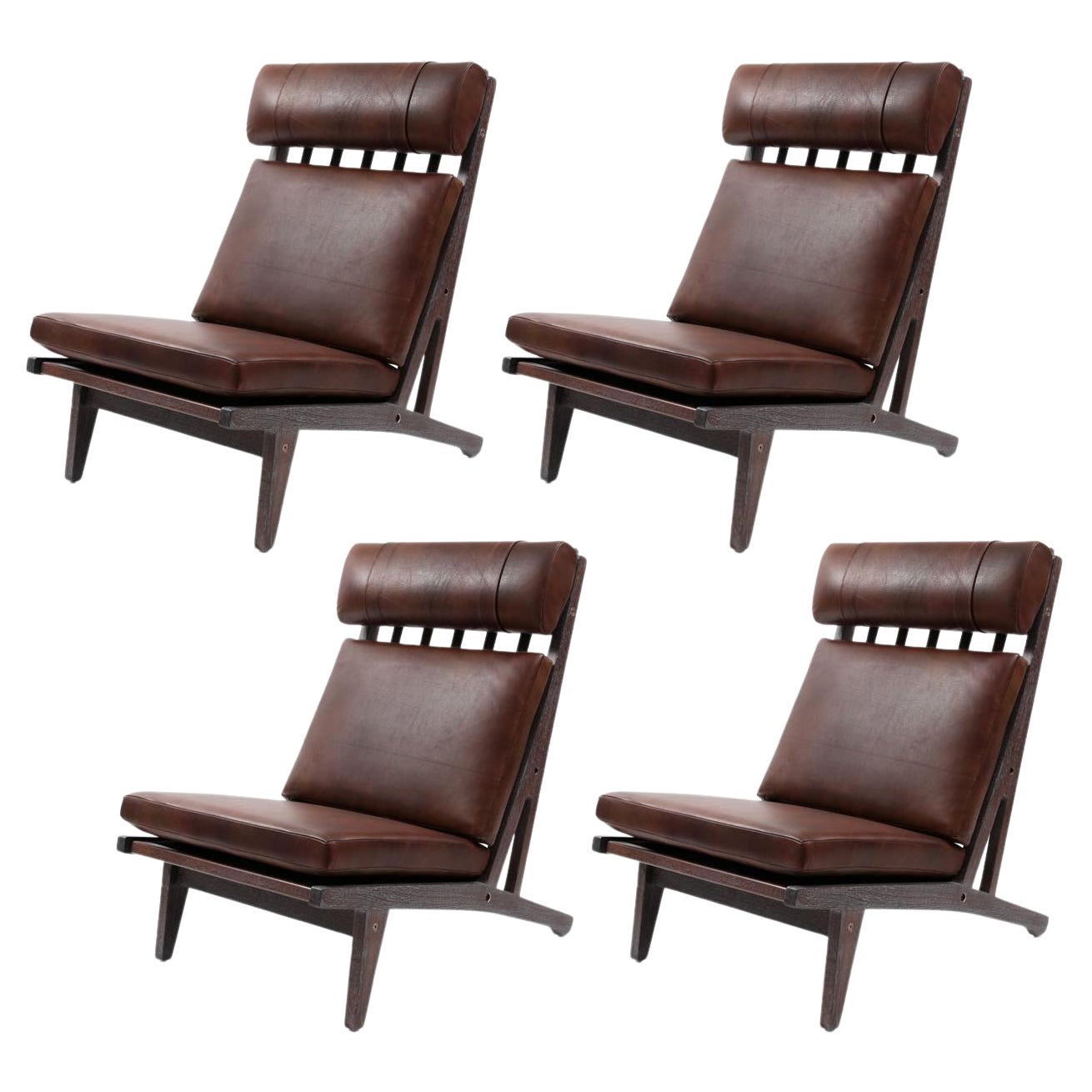 Hans Wegner Leather and Cerused Oak Lounge Chairs
