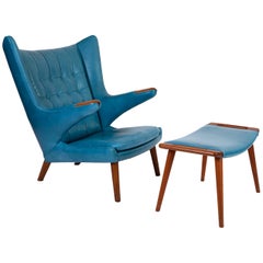 Hans Wegner Leather Papa Bear Chair and Ottoman