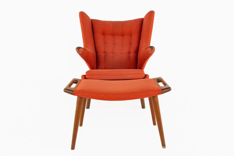 Hans Wegner Mid Century Papa Bear Chair and Ottoman

The chair measures: 35 wide x 23 deep x 39 high, with a seat height of 14 inches and arm height of 23 inches
The ottoman measures: 29 wide x 16 deep x 16 inches high

All pieces of furniture