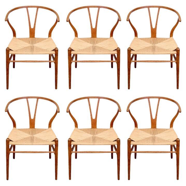 Hans Wegner Mid Century Set Of Six Oak Wishbone Chairs For Sale