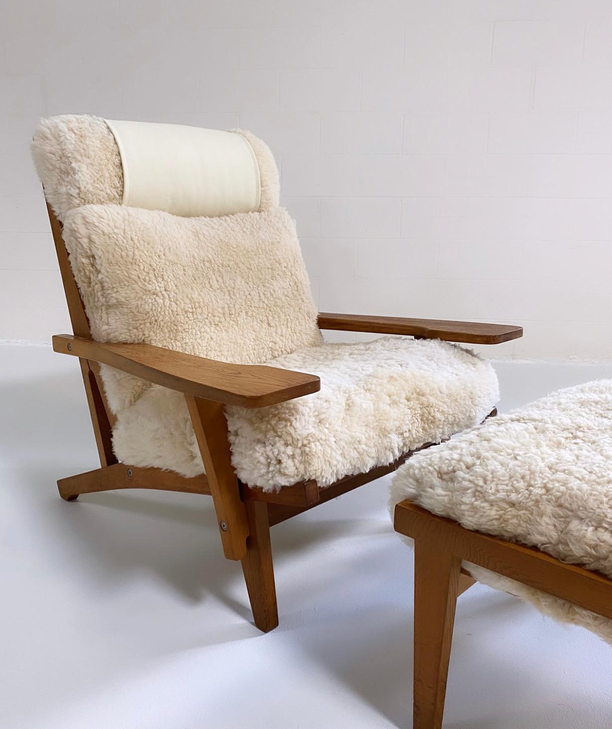 Leather Hans Wegner Model GE 375 Paddle Chair and Ottoman in California Sheepskin