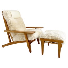 Hans Wegner Model GE 375 Paddle Chair and Ottoman in California Sheepskin