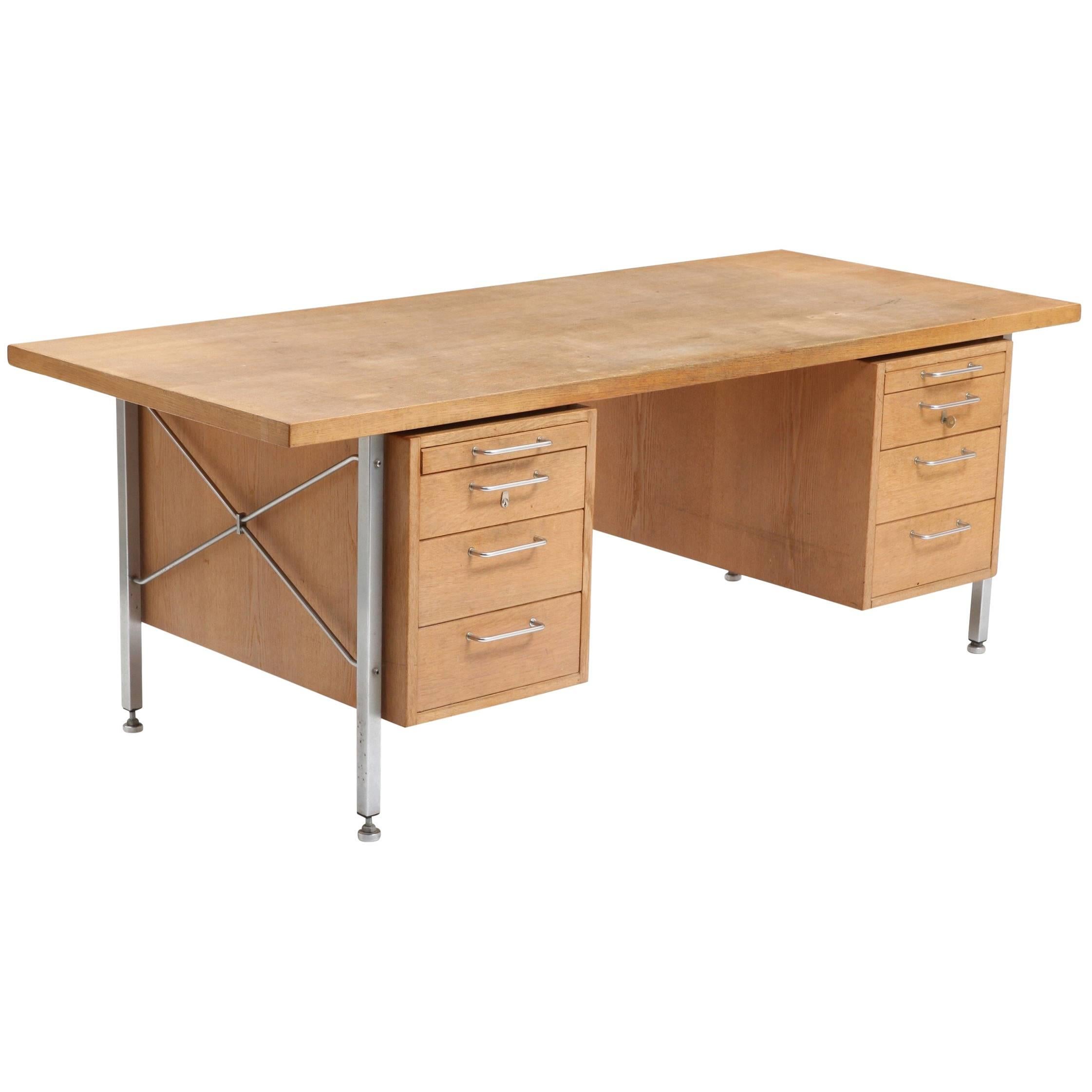 Hans Wegner Oak and Steel Desk Made by Johannes Hansen or Plan Mobler For Sale