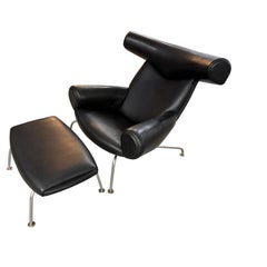 Pouf per la poltrona Ox di Hans Wegner in pelle nera, di Erik Jorgensen, ex proprietà di Will Ferrell