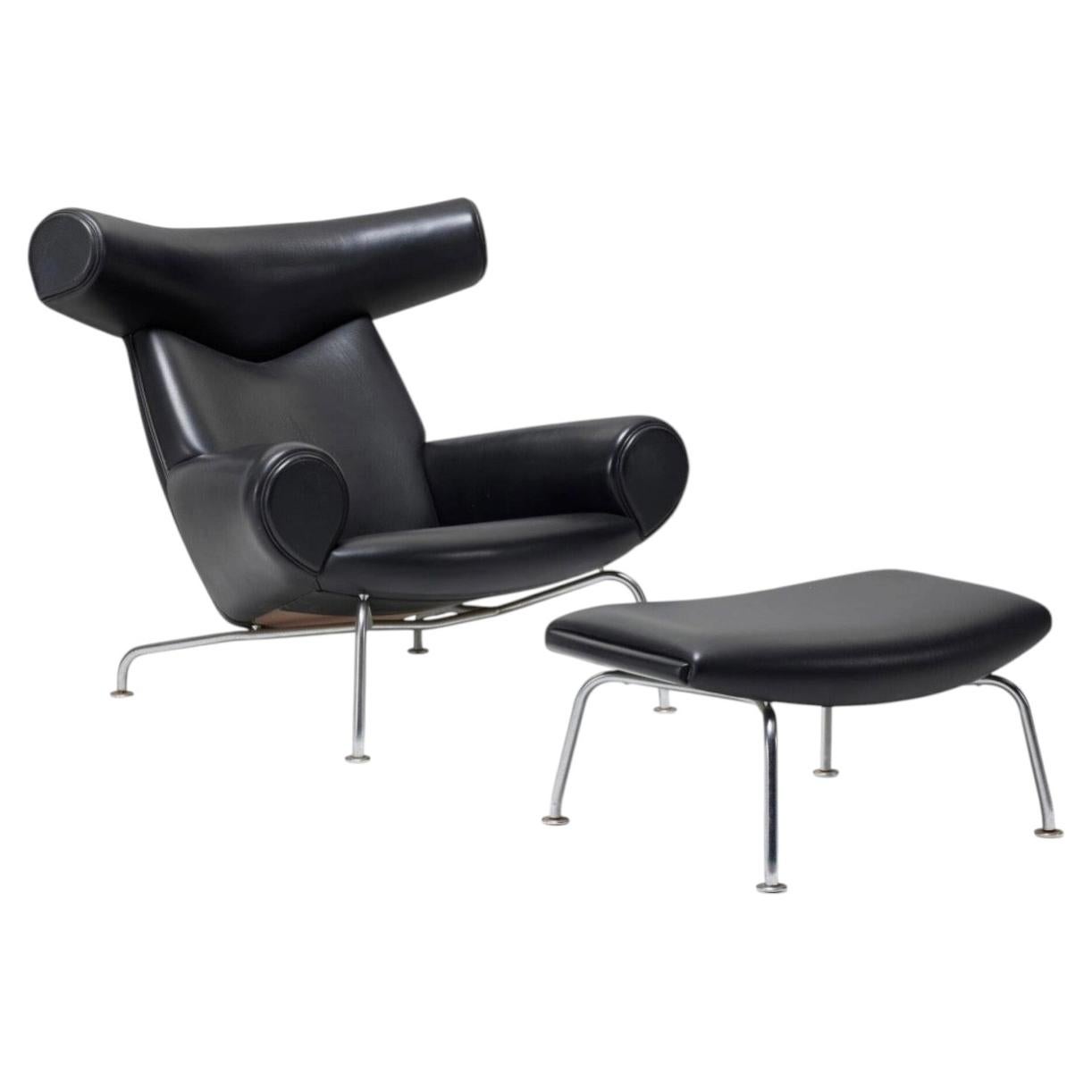 Hans Wegner Ox Chair Ottoman in Black Leather by Erik Jorgensen ex Will Ferrell
