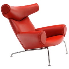 Hans Wegner Ox Lounge Chair, Model No. AP-46, New Red Leather, Excellent