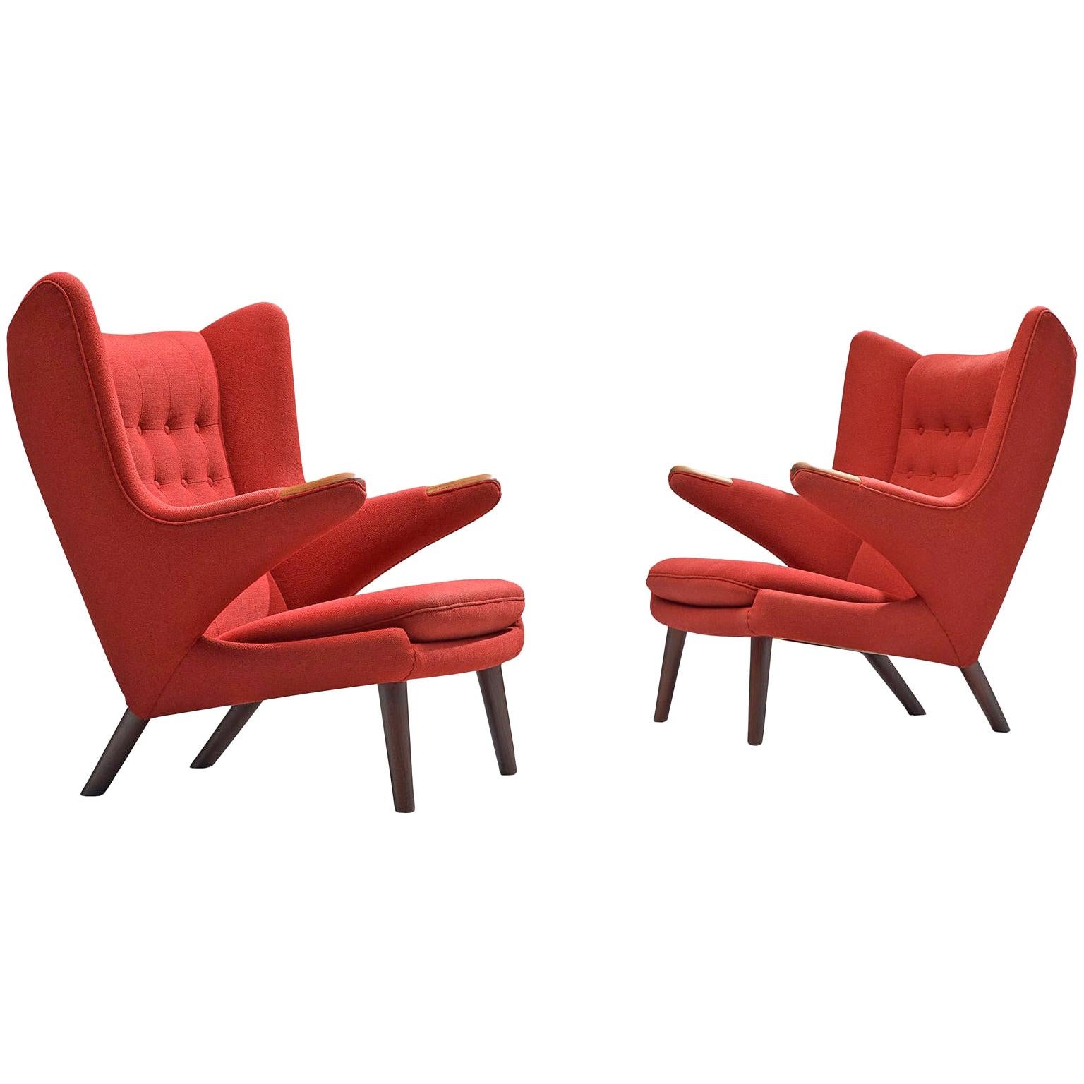 Hans Wegner Pair of Papa Bears Lounge Chairs in Original Red Upholstery
