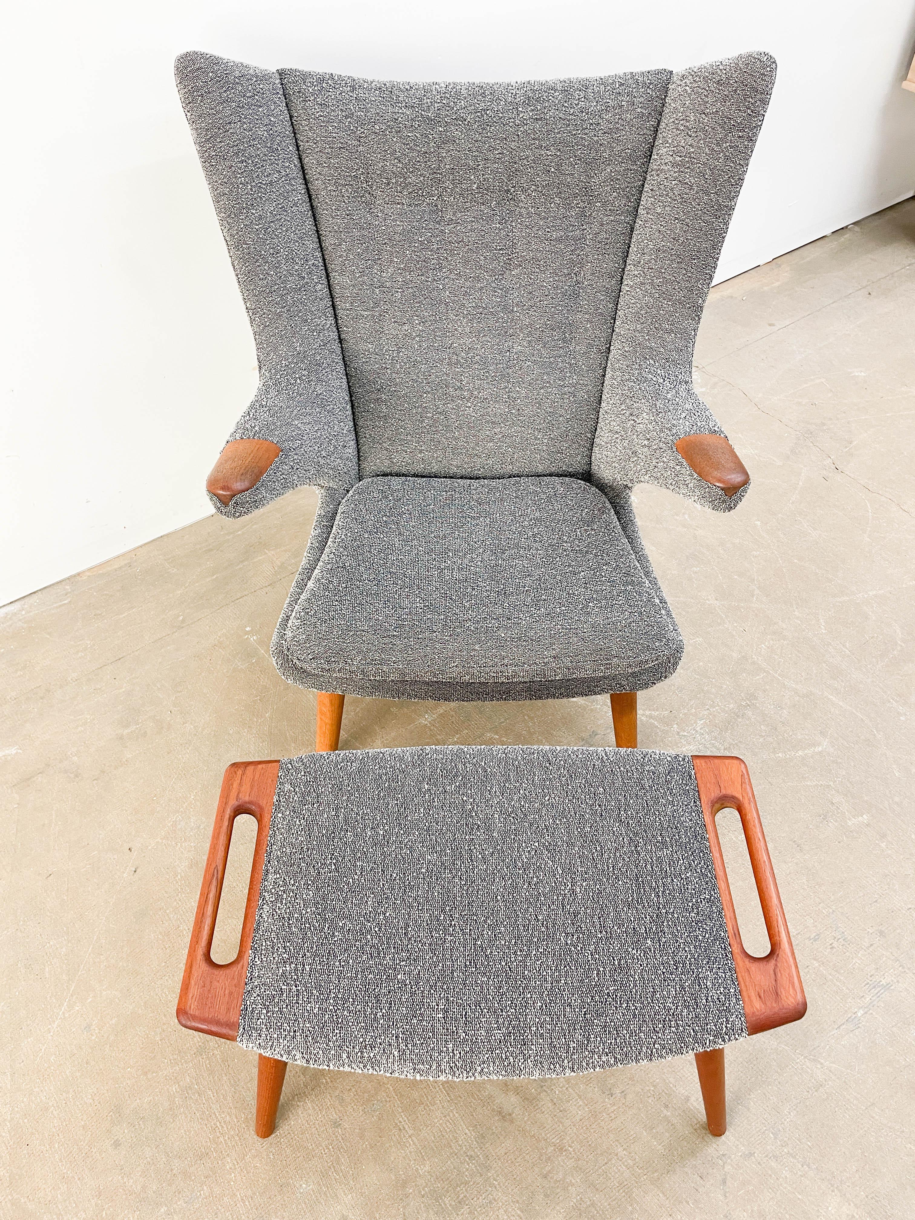 Mid-Century Modern Hans Wegner Papa Bear Chair and Ottoman in Gray