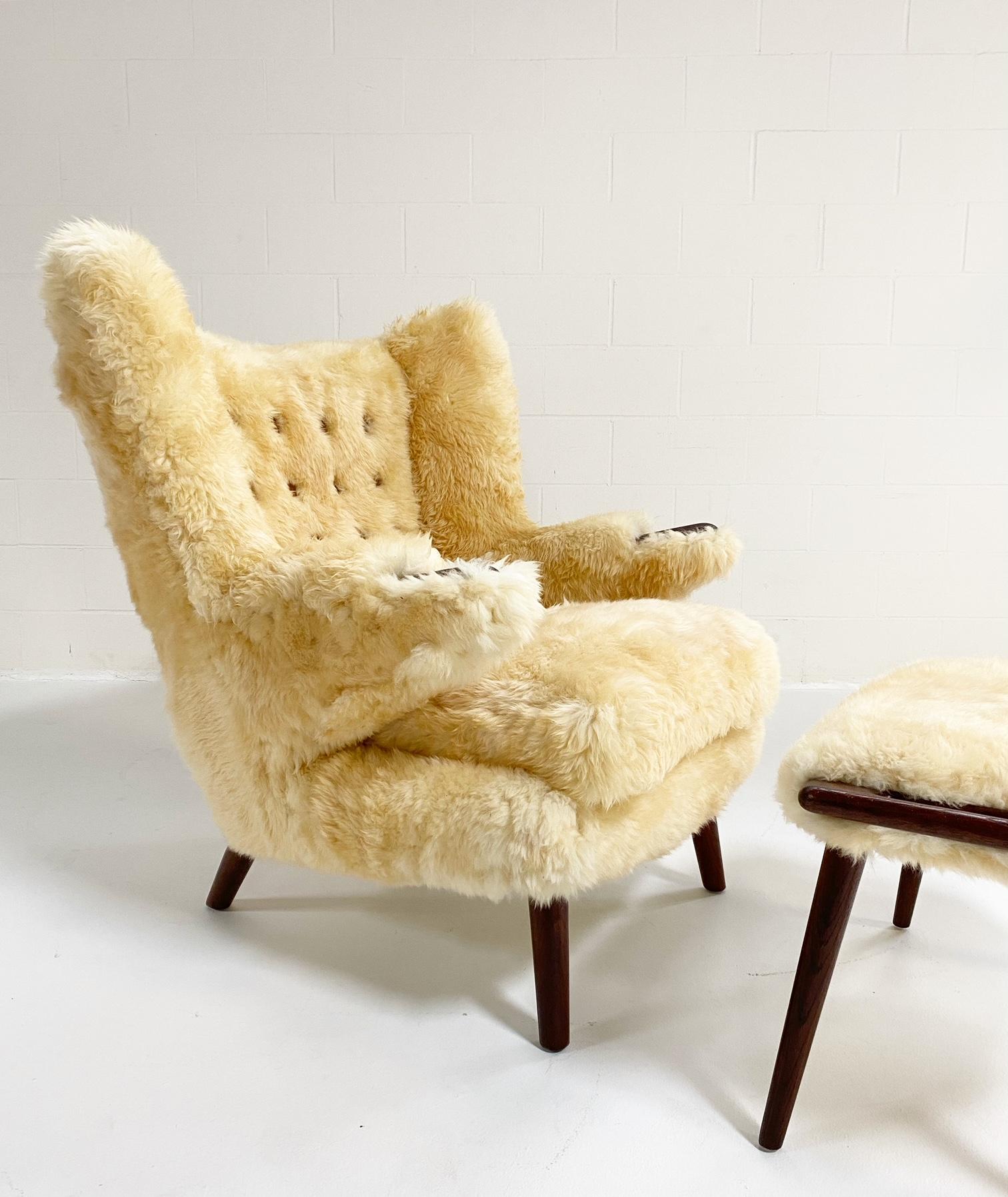 Hans Wegner Papa Bear Chair and Ottoman in Sheepskin 5