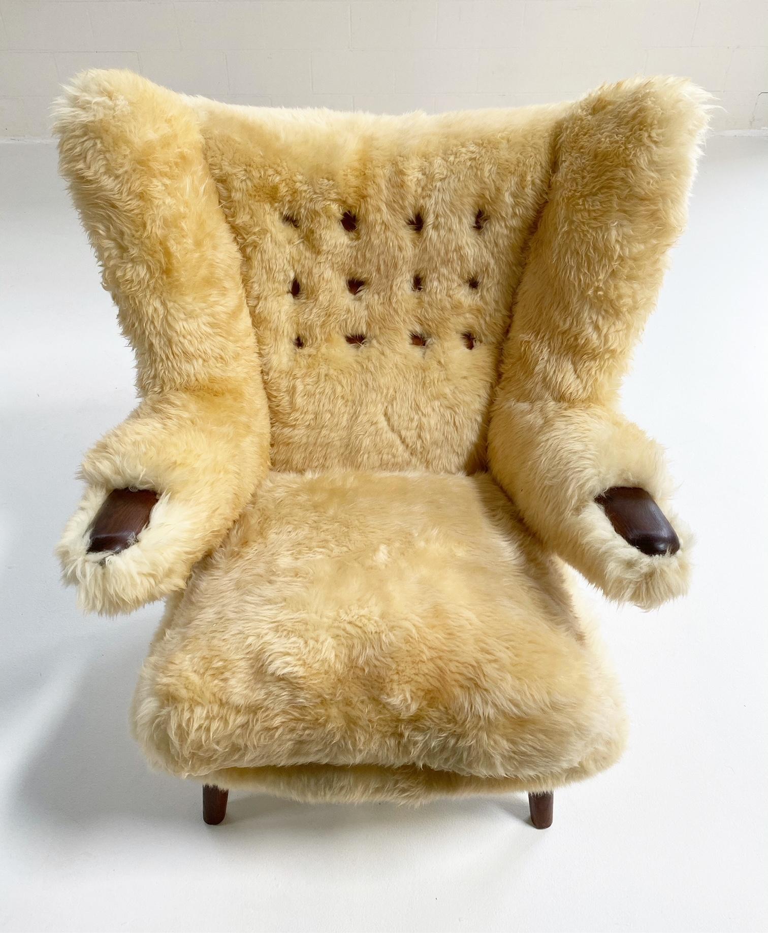 Scandinavian Modern Hans Wegner Papa Bear Chair and Ottoman in Sheepskin