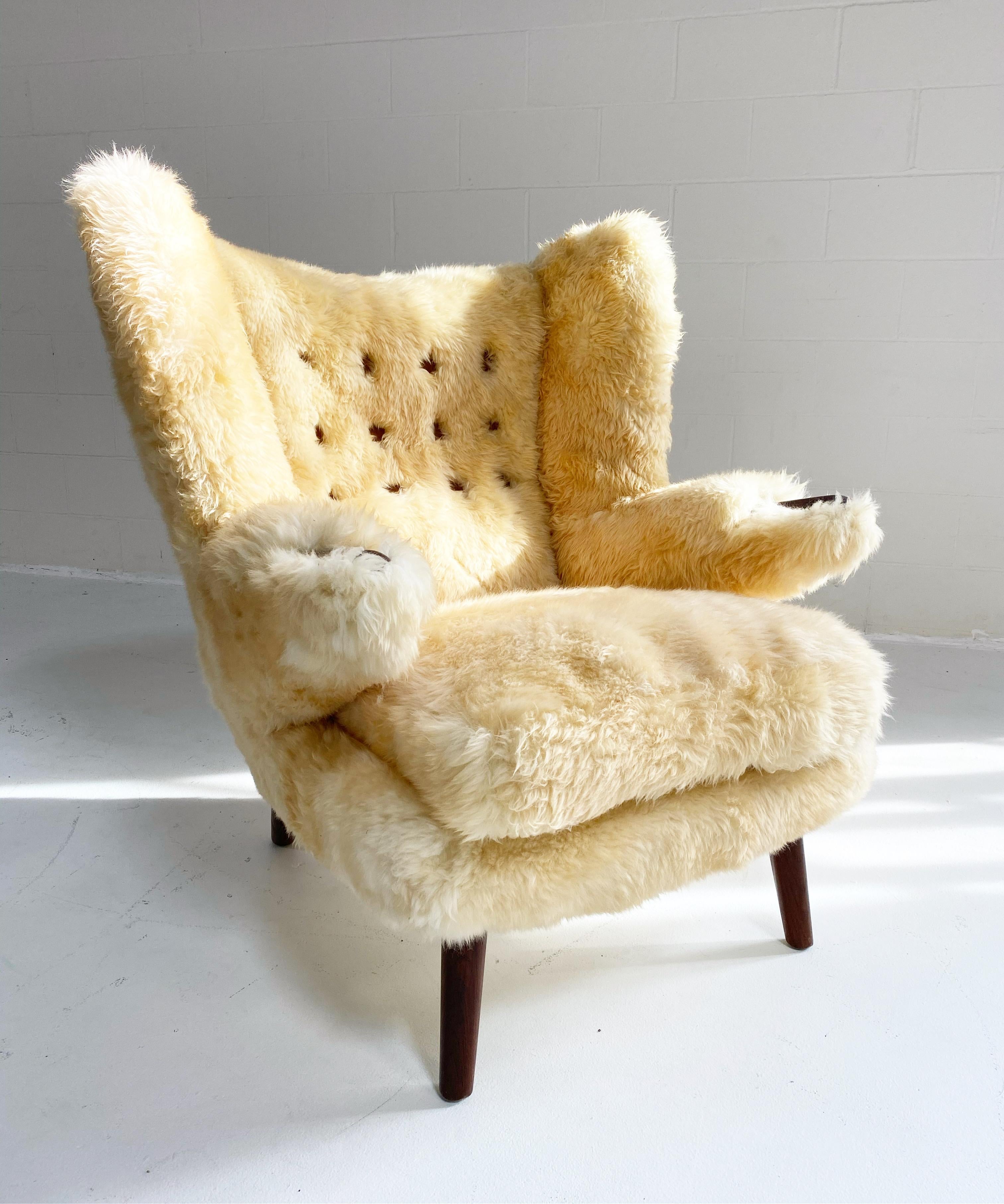 Hans Wegner Papa Bear Chair and Ottoman in Sheepskin In Good Condition In SAINT LOUIS, MO